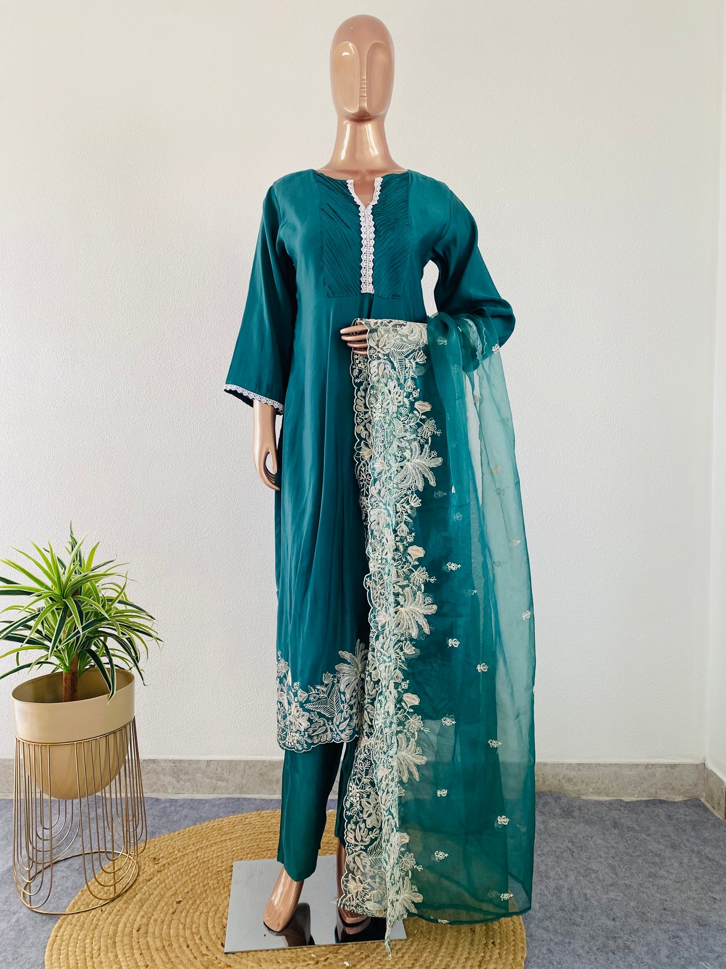 Roman Silk Suit with Organza Dupatta and Aari work
