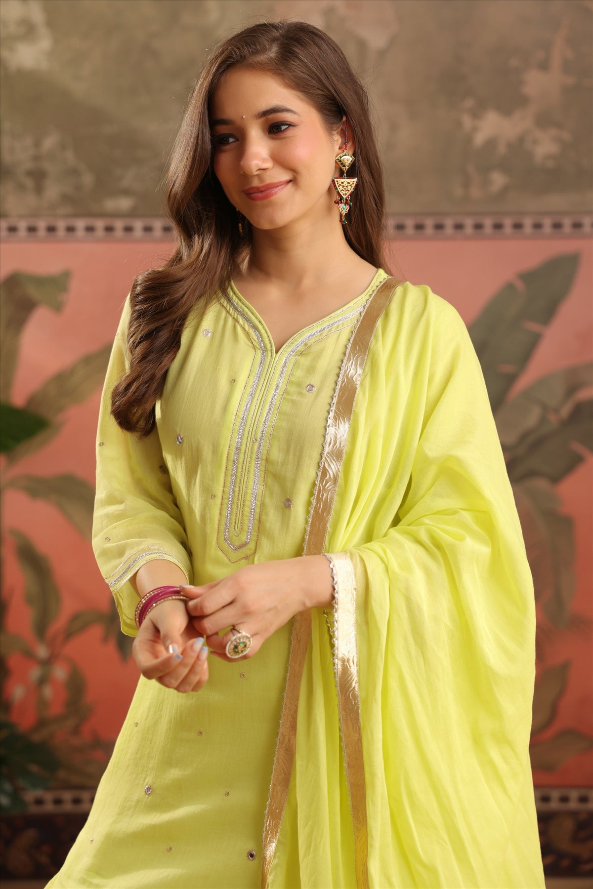 Gota Patti Detailed V-Neck Short Kurti & Tiered Sharara Set with Sheer Dupatta