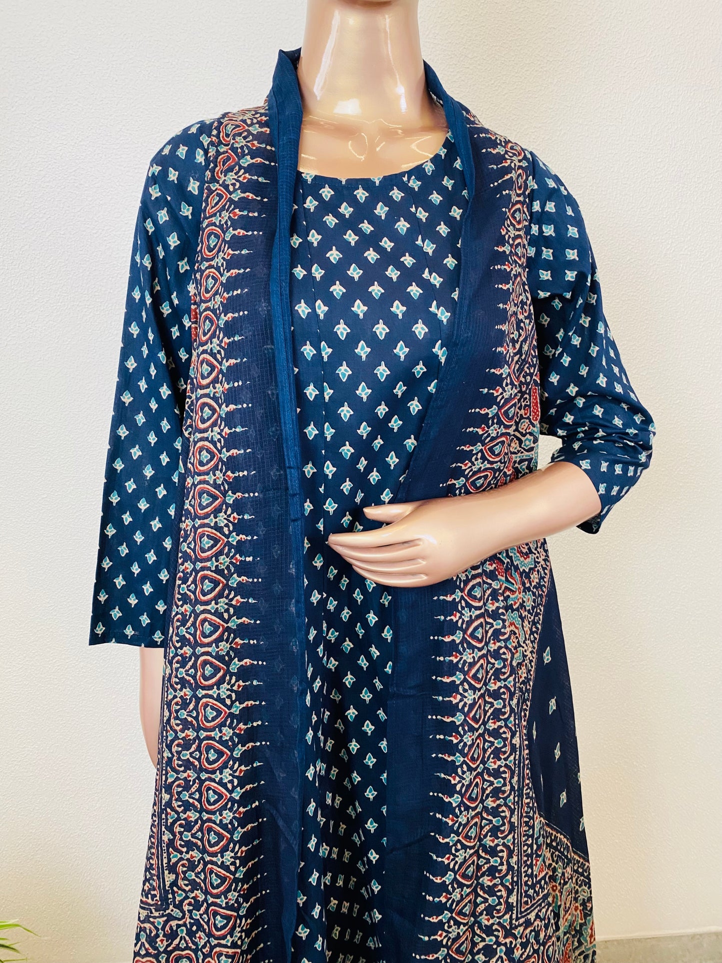 Block Print Cotton Anarkali Suit with Kota Doria Jacket