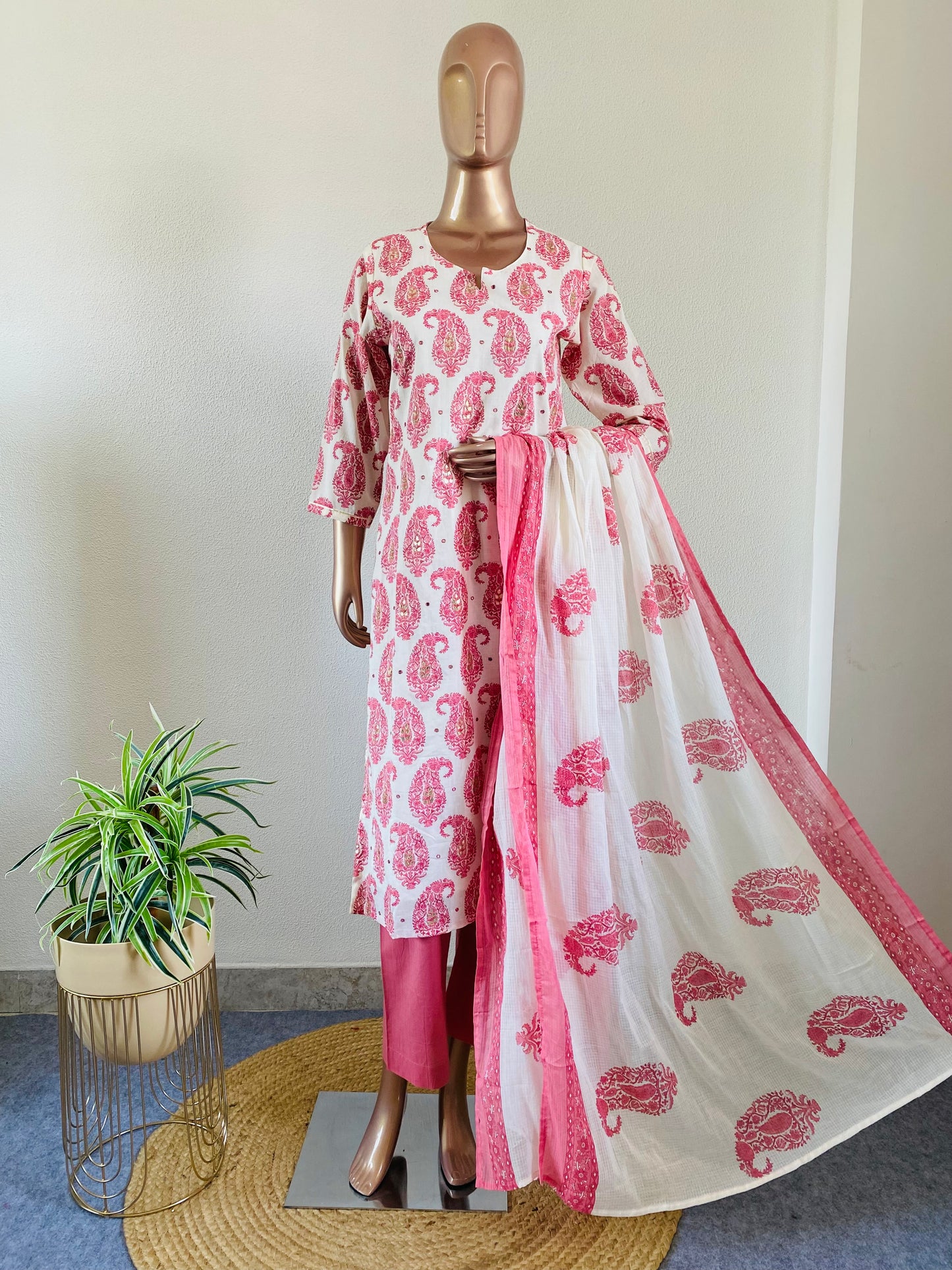 Block Print Suit Set with Kota Doria Dupatta