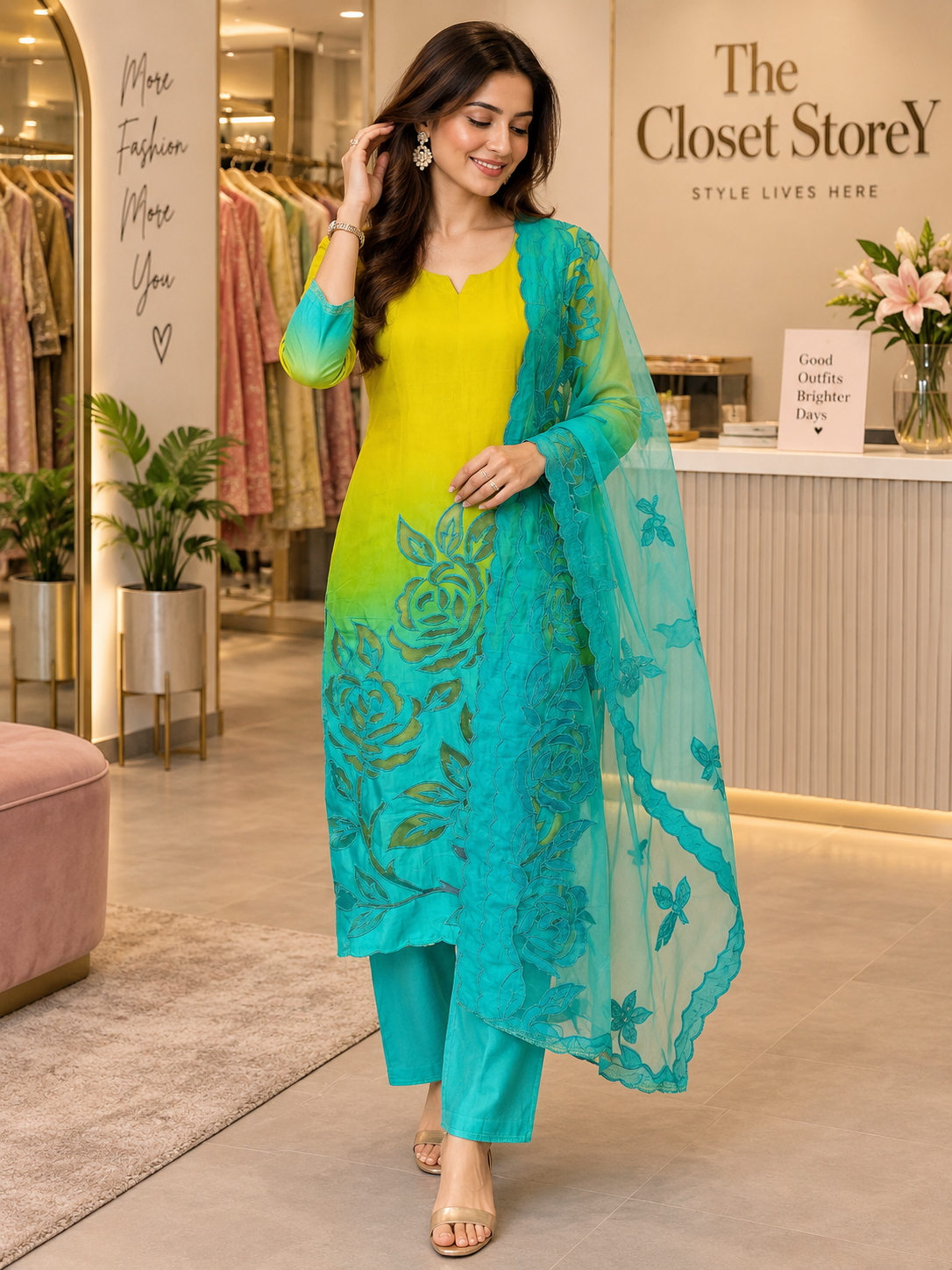 Premium Silk Ombre Suit with cutwork & Organza Dupatta - Blue