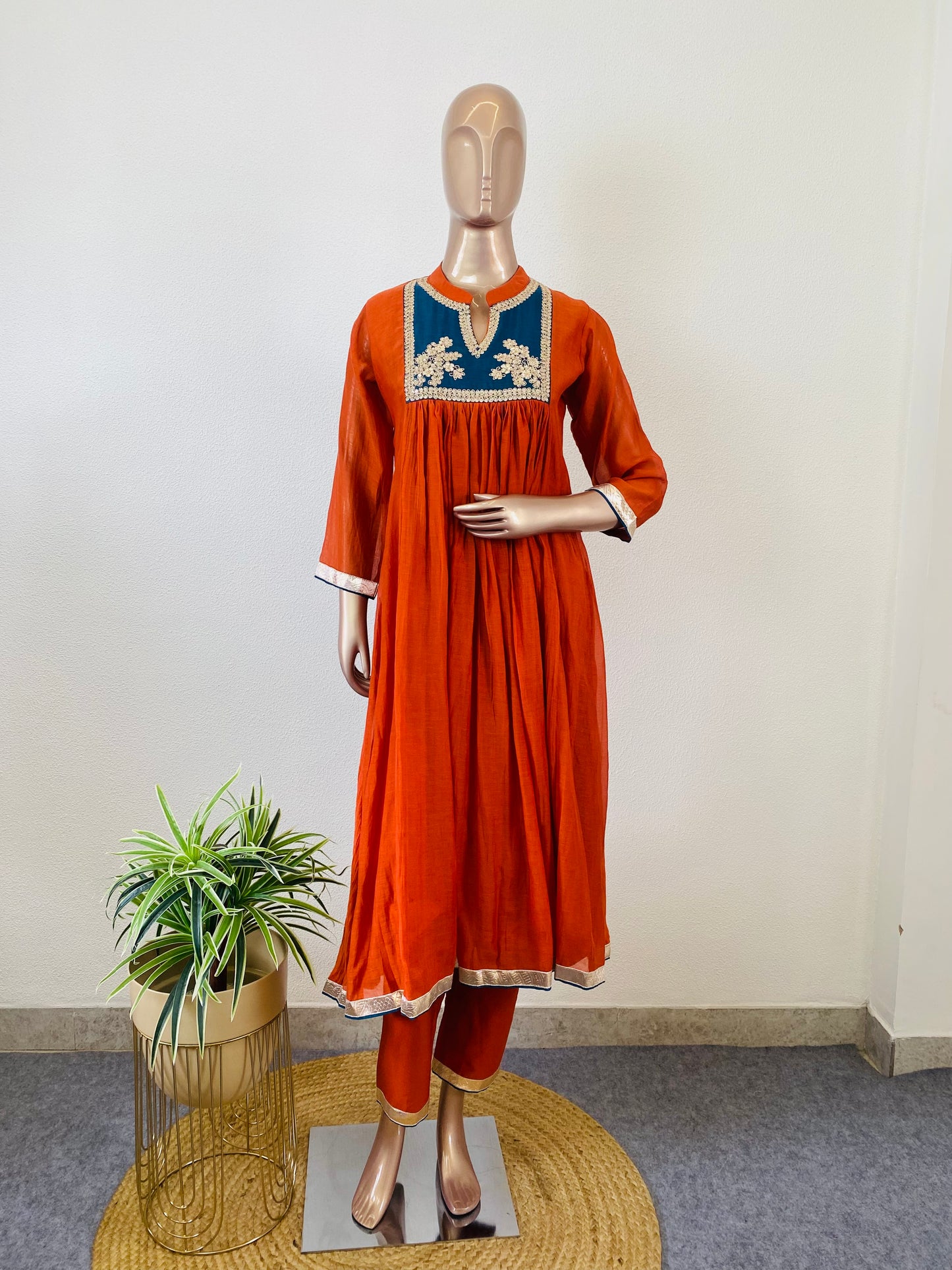 Pure Mul Chanderi Frock Suit with Contrast Yoke Detailing