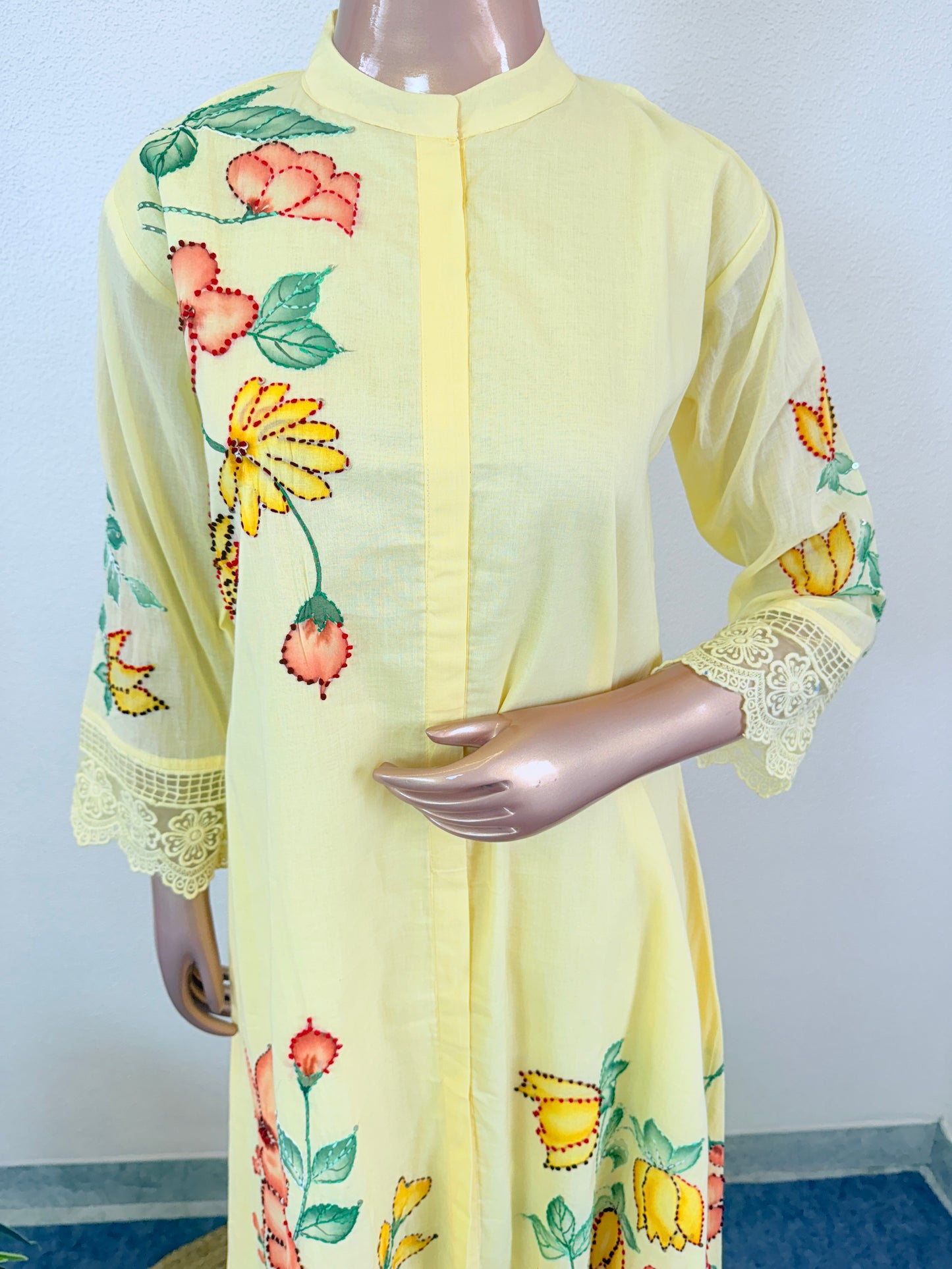 Hand Painted Kantha Work Cotton Kurta Pant Set - Yellow