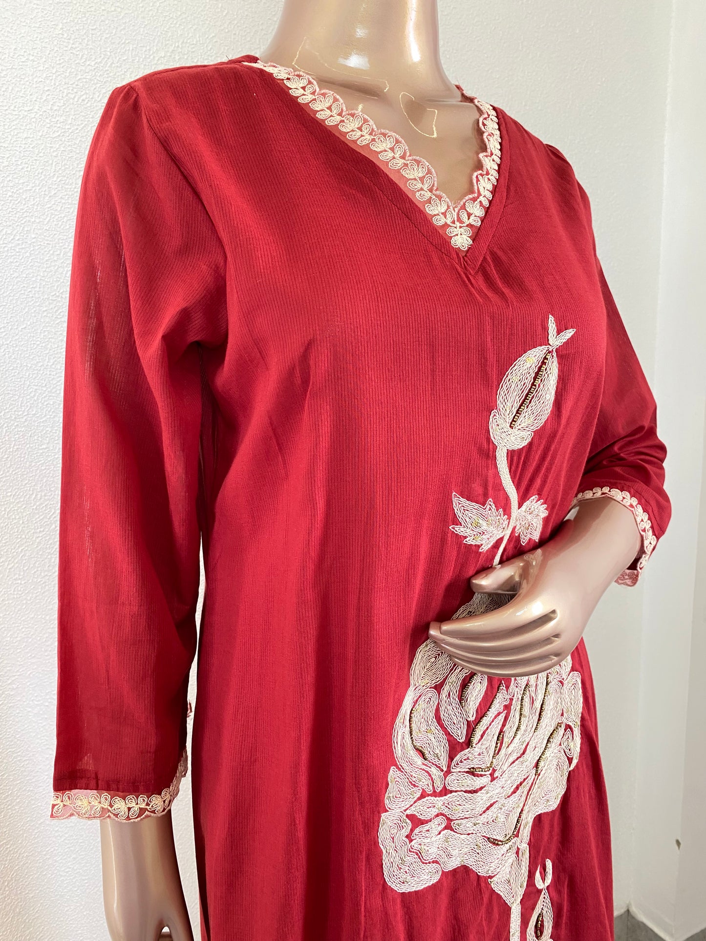 Embroidered Silly Cotton Suit Set with Mul Dupatta