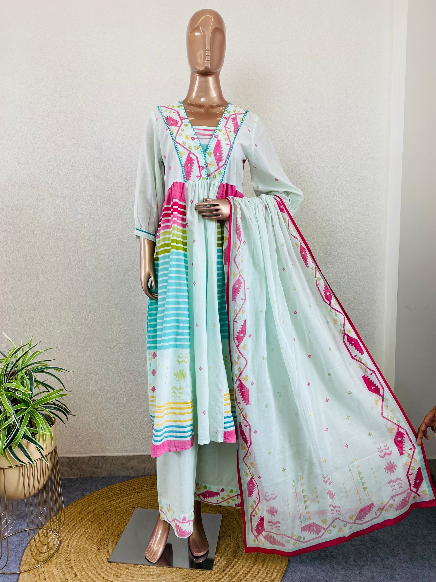 Rainbow Stripes & Ikkat Print Cotton Frock Suit Set