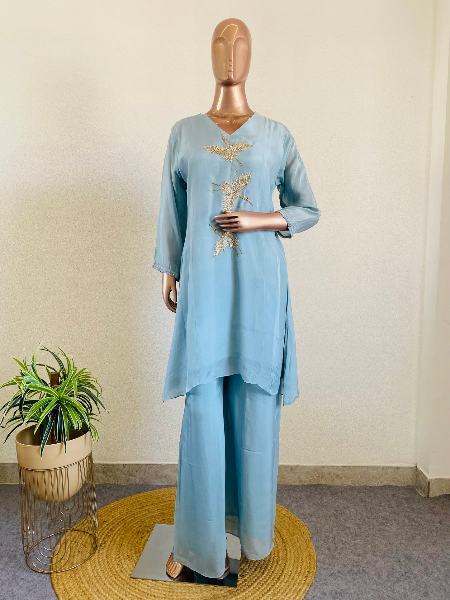 Bird Embroidered Soft Organza Kurta Palazzo Set