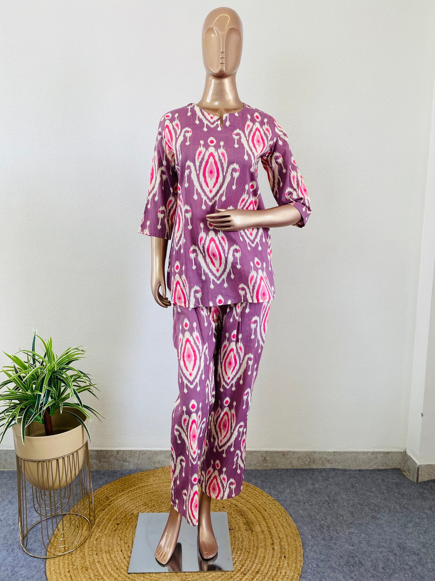 Ikkat Printed Cotton Lounge Wear - Lavender