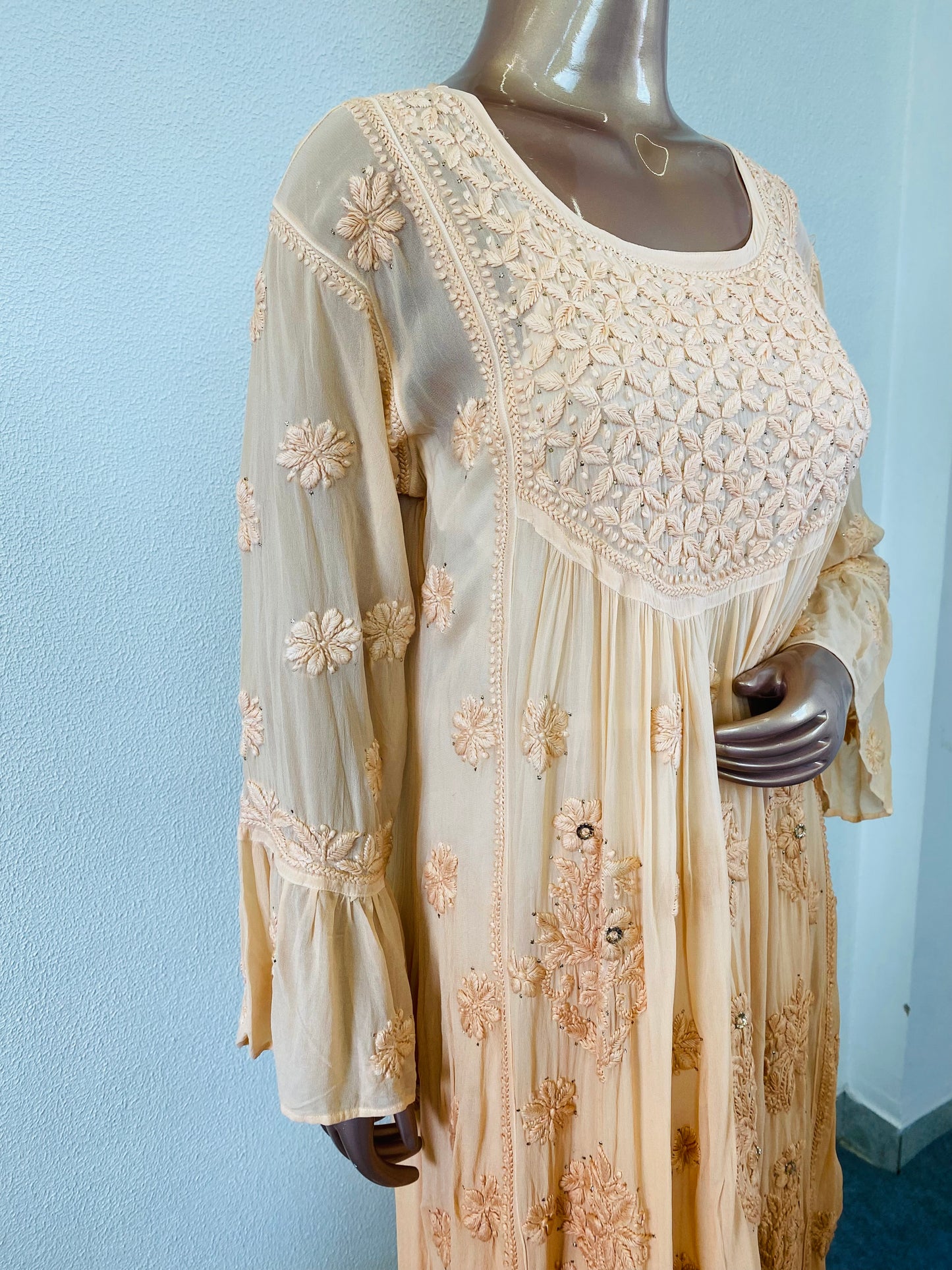 Ombre Chikankari Kurti with Mukaish Work - Almond