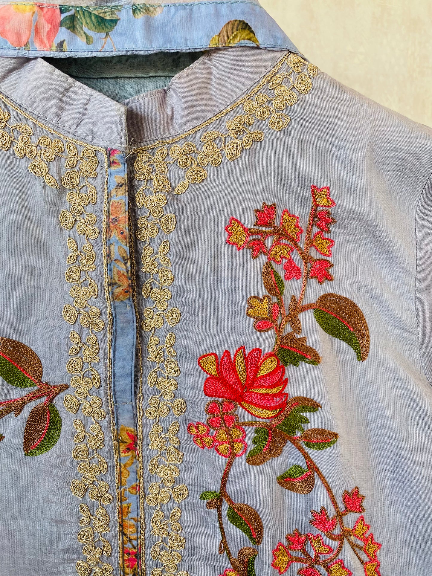 Aari work Silk Suit with Printed wide pants