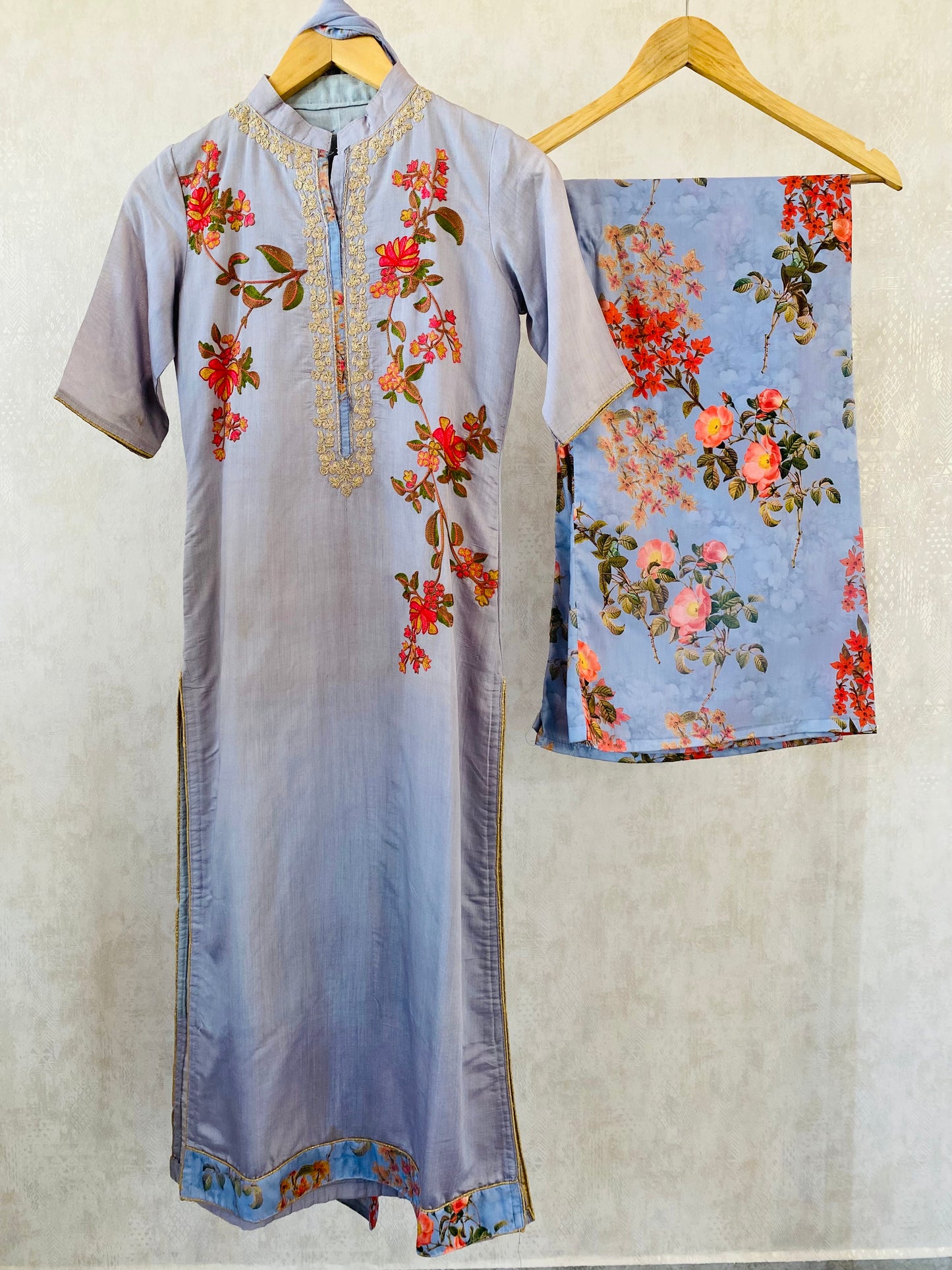 Aari work Silk Suit with Printed wide pants