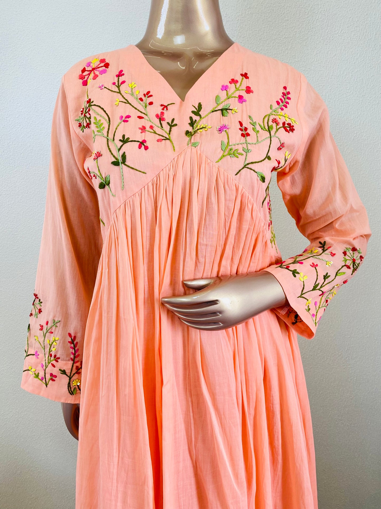 Malai Cotton Frock Suit with Hand Embroidery- Peach