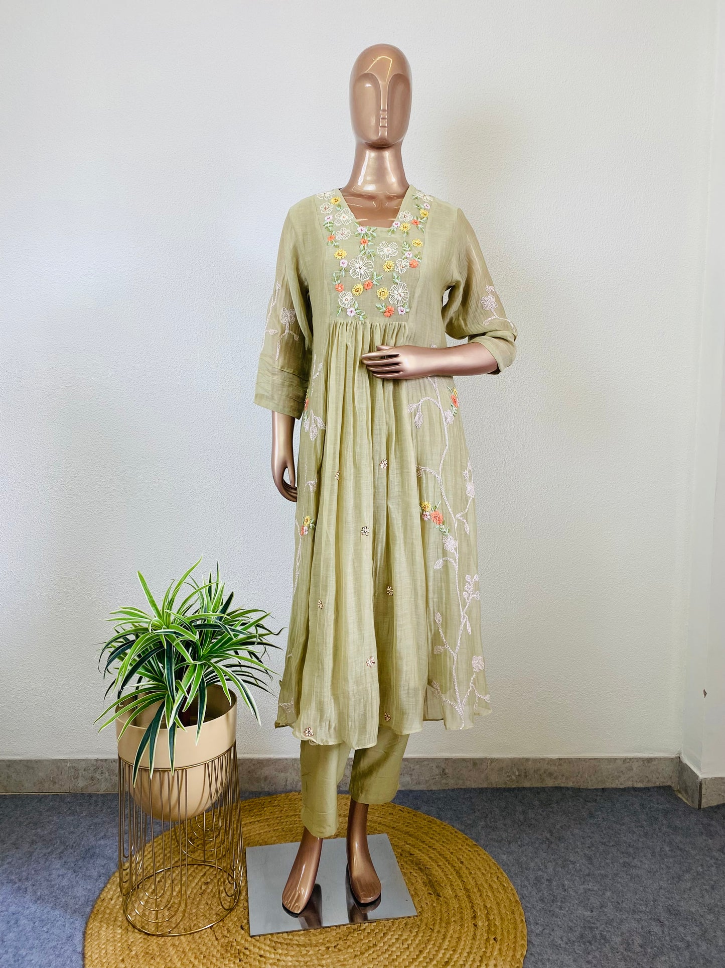 Embroidered Mul Chanderi Frock Suit Set