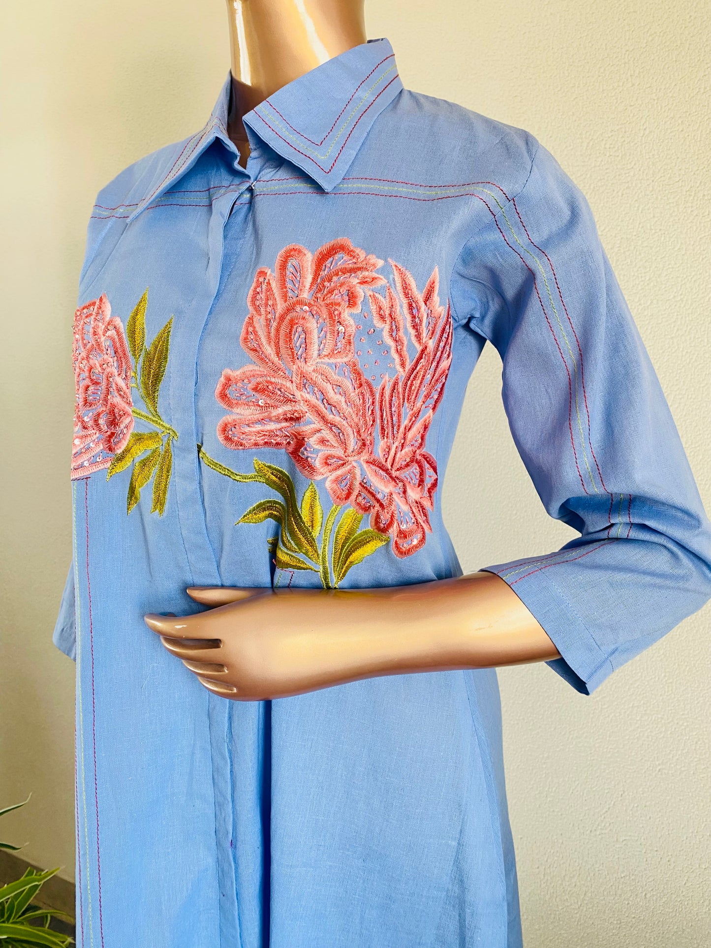 Embroidered Linen Tunic in Denim Color