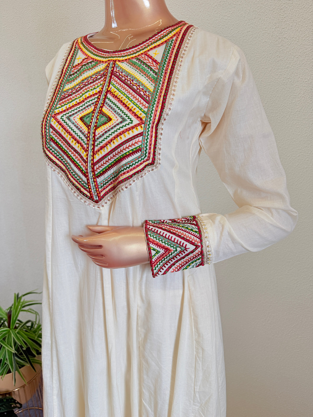 Tribal Embroidered Yoke Anarkali Suit Set with Red Bandhani Dupatta