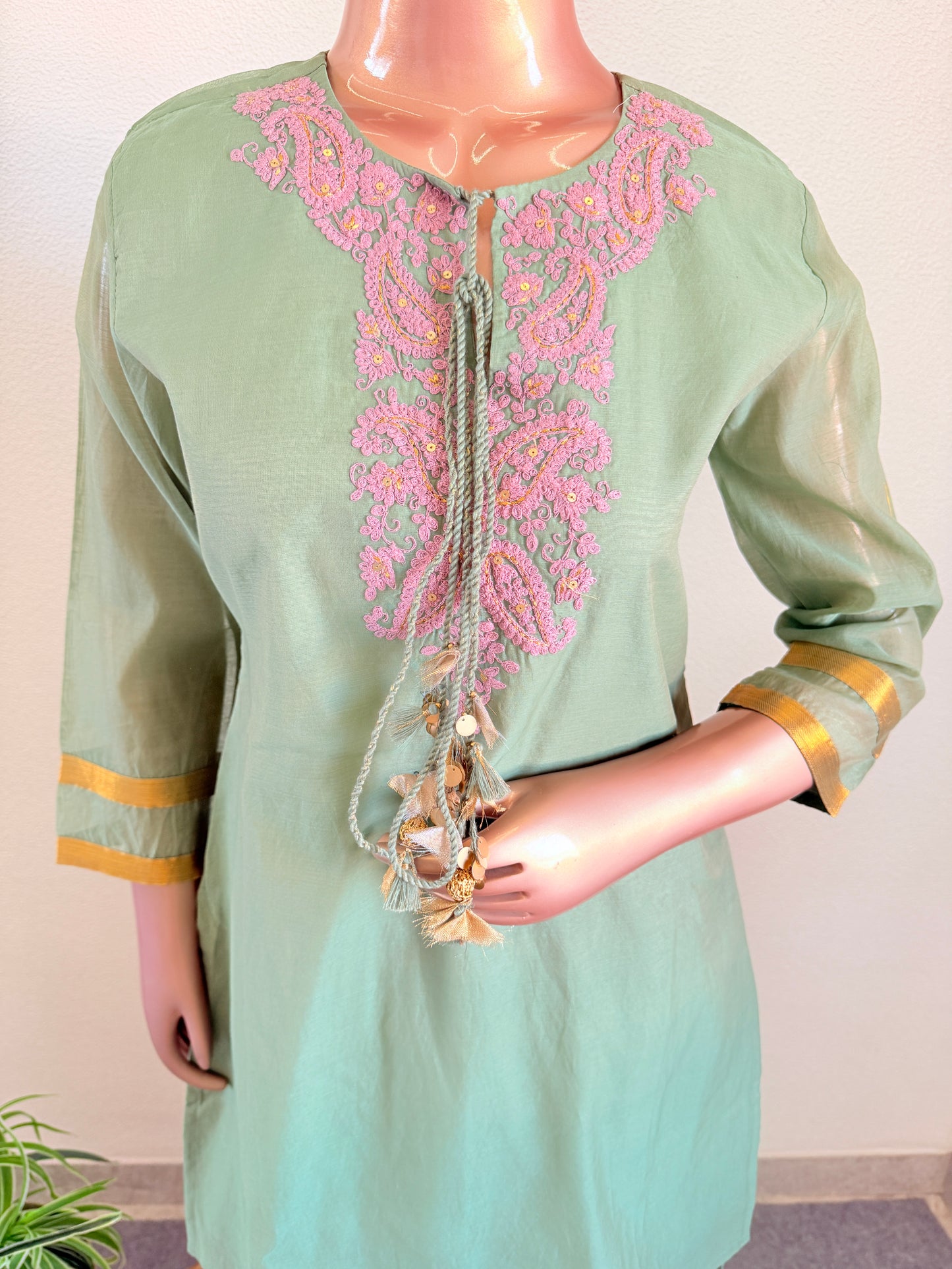 Chanderi Kurta Palazzo Suit Set with Aari work and Contrast Dupatta