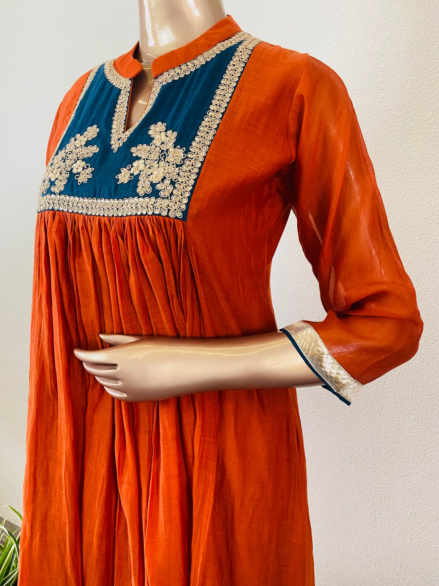 Pure Mul Chanderi Frock Suit with Contrast Yoke Detailing