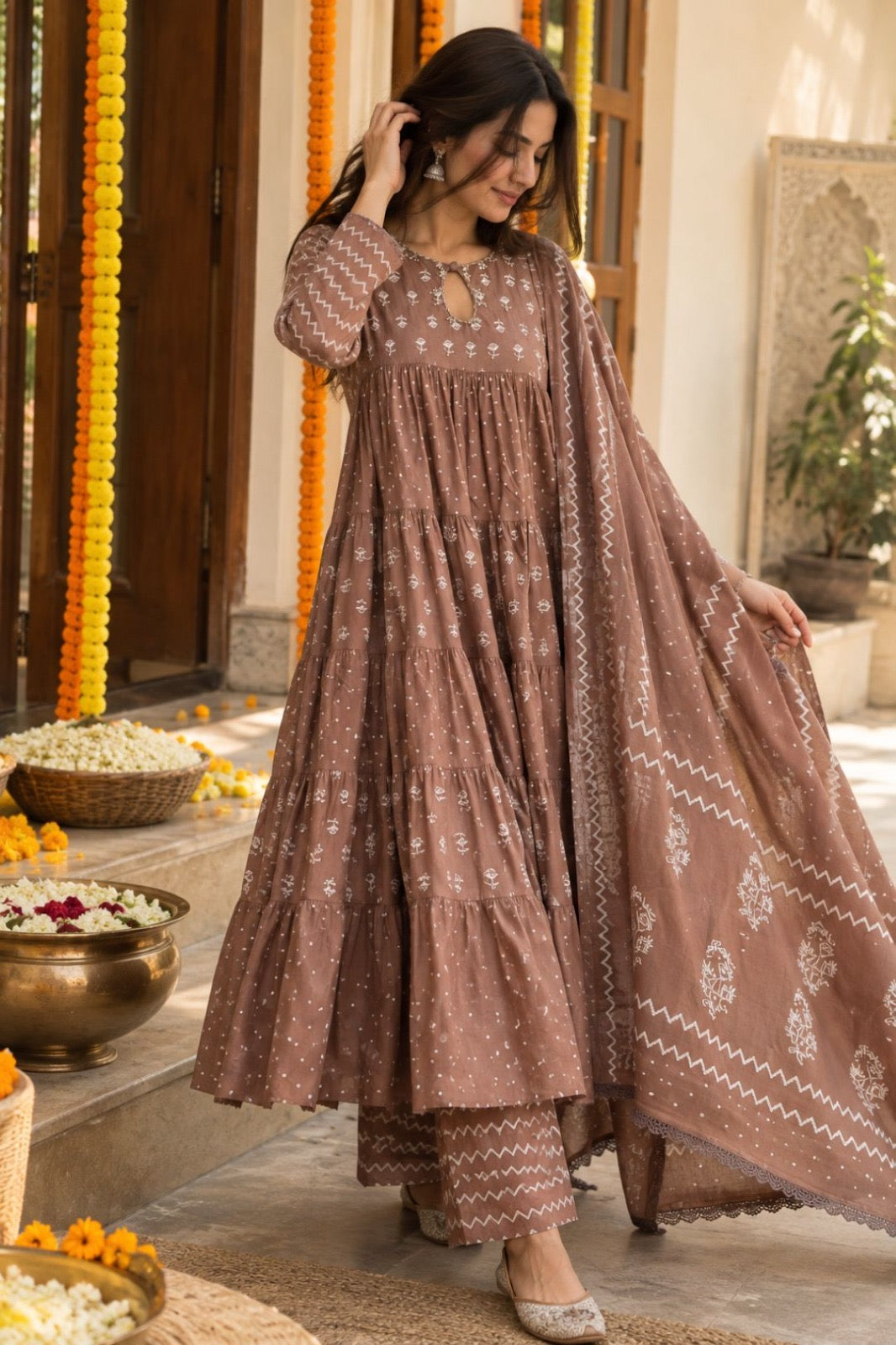 Tiered Block Print Cotton Anarkali Set with Dupatta - Mocha