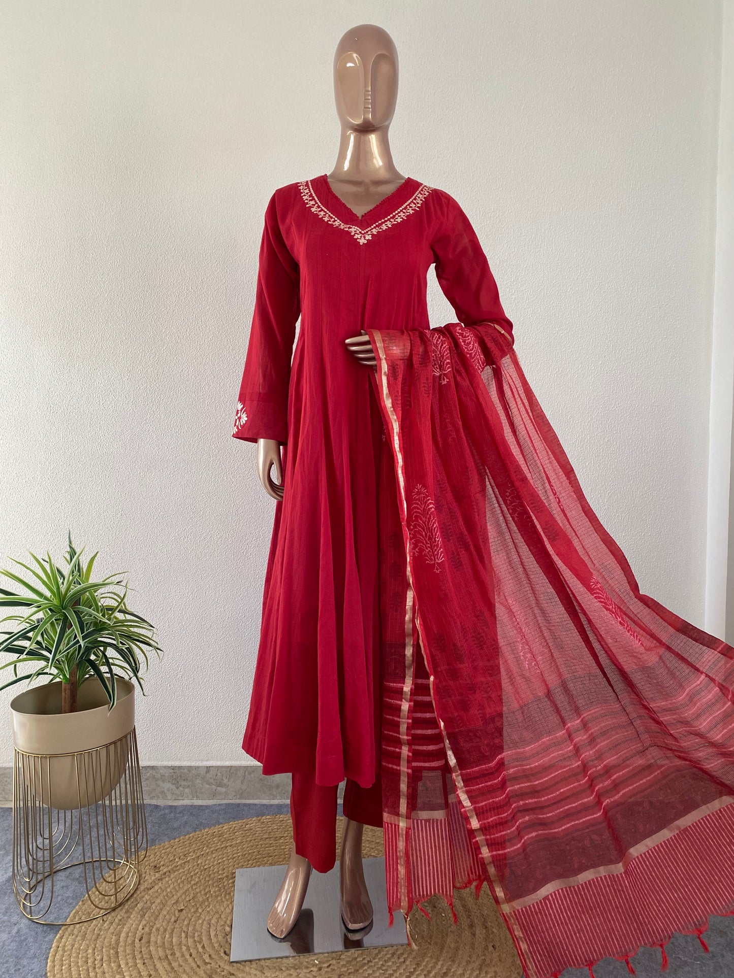 Pittan Work cotton Anarkali with Kota Doria Dupatta- Red
