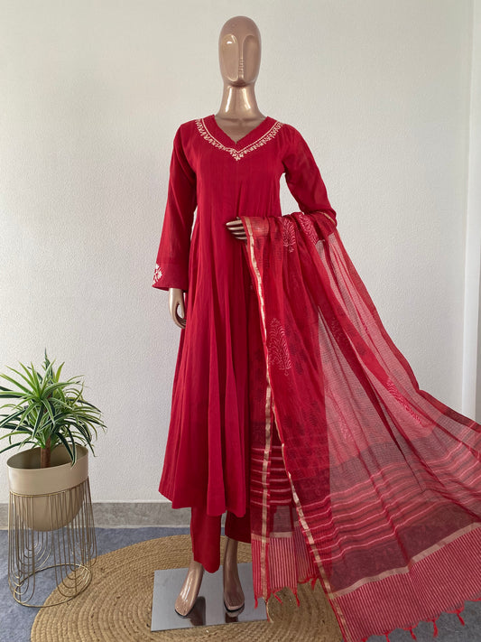 Pittan Work cotton Anarkali with Kota Doria Dupatta- Red