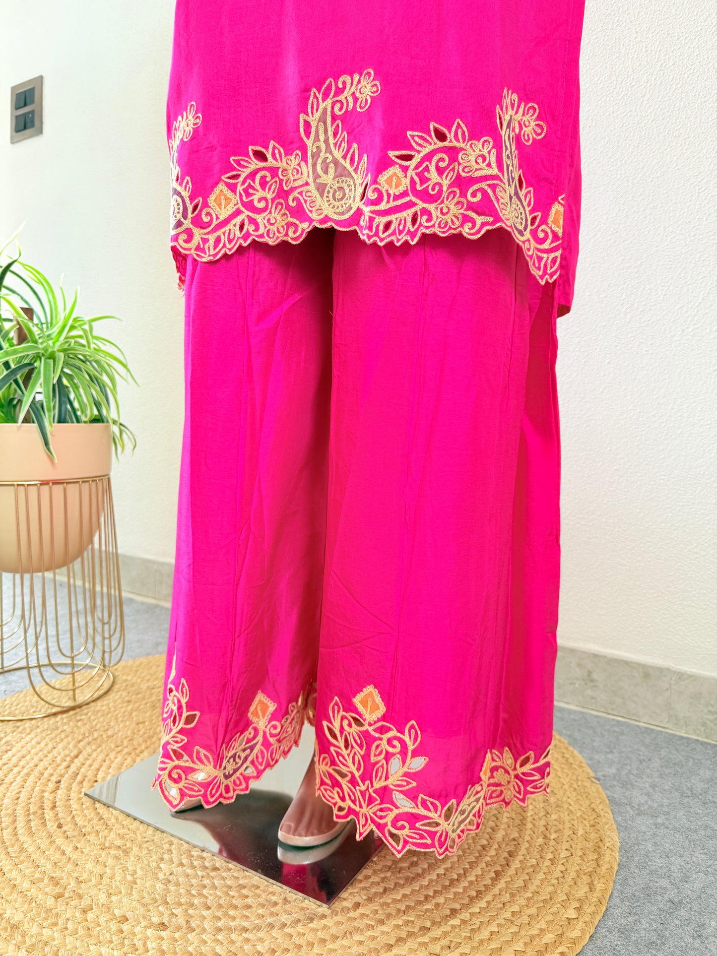 Dola Silk Aari work Suit set with Wide pants