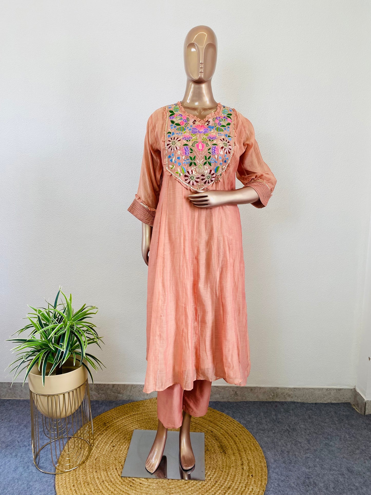 Mul Chanderi Frock Suit with Pittan Work on Yoke