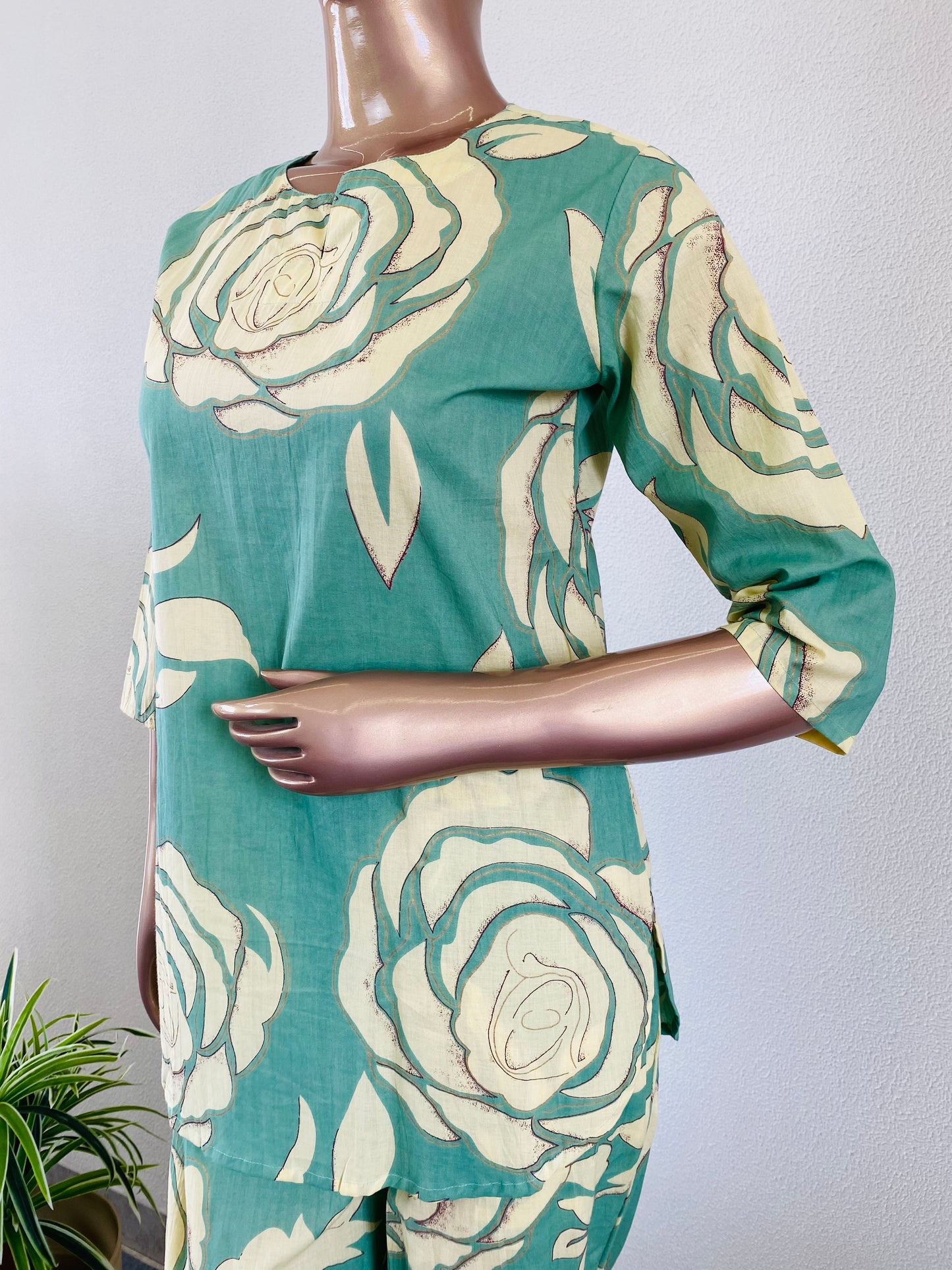 Rose Printed Cotton Lounge Wear - Green