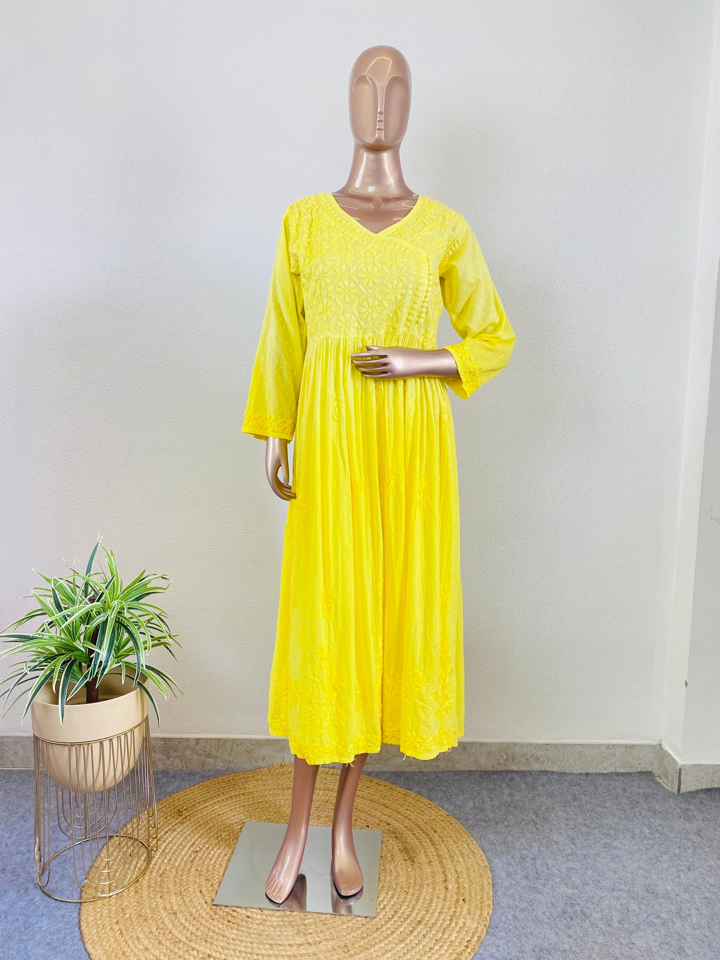 Dobby Cotton Chikankari Tunic - Yellow