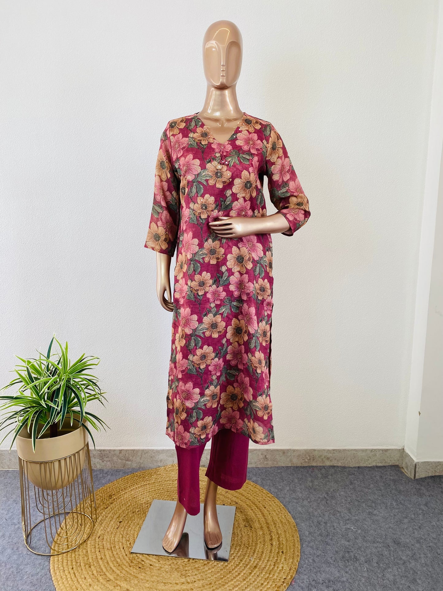 Floral Print Linen Suit Set