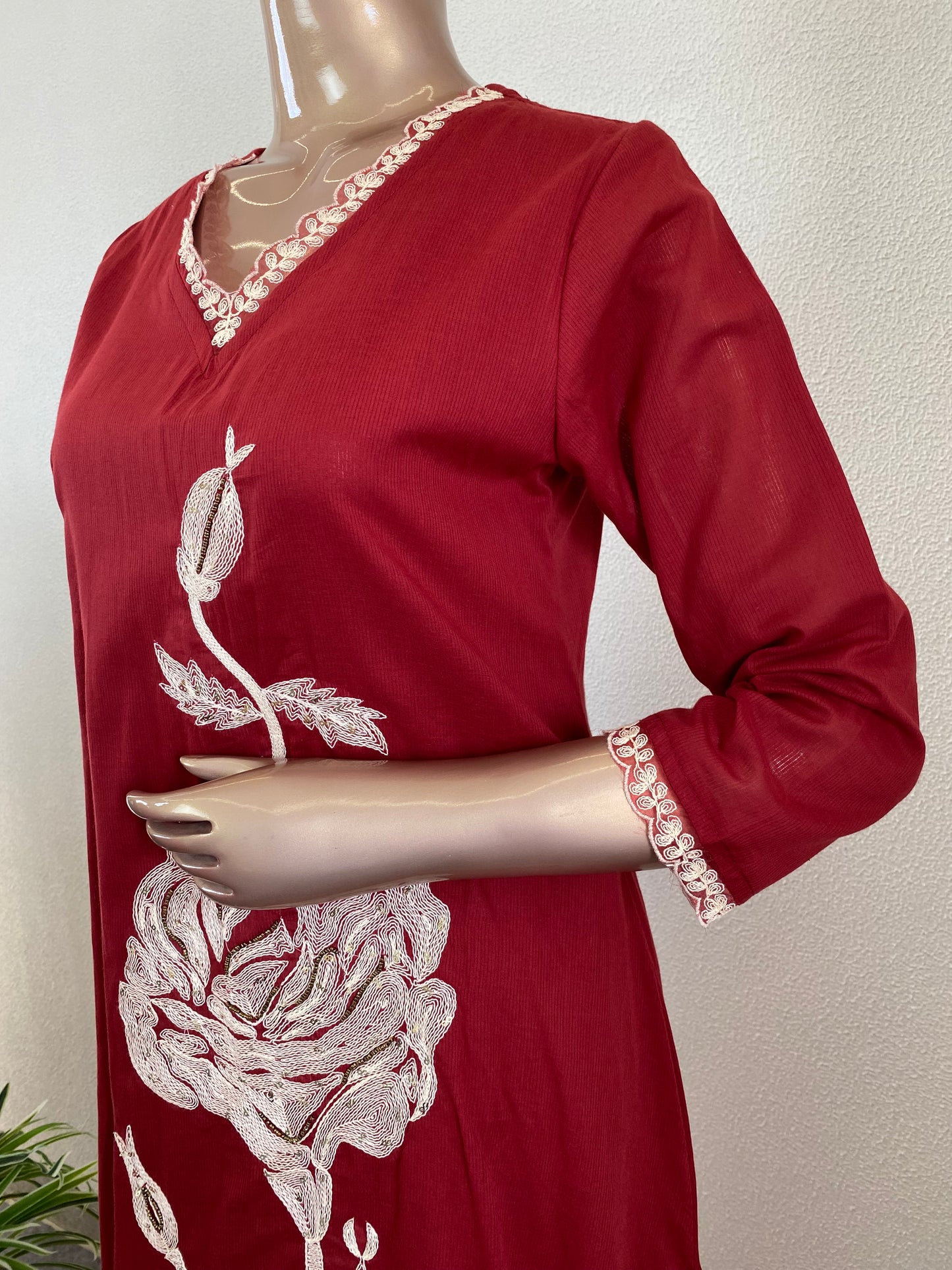 Embroidered Silly Cotton Suit Set with Mul Dupatta