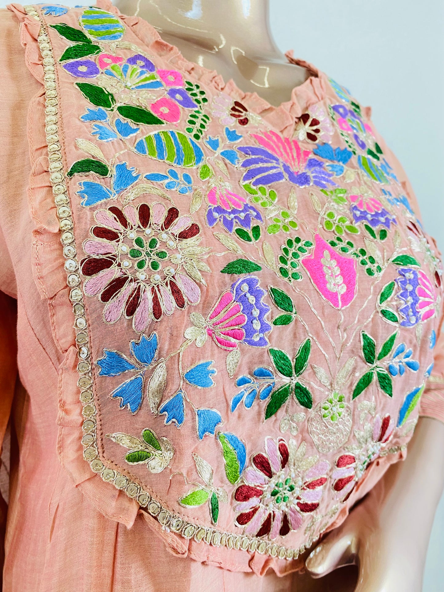 Mul Chanderi Frock Suit with Pittan Work on Yoke