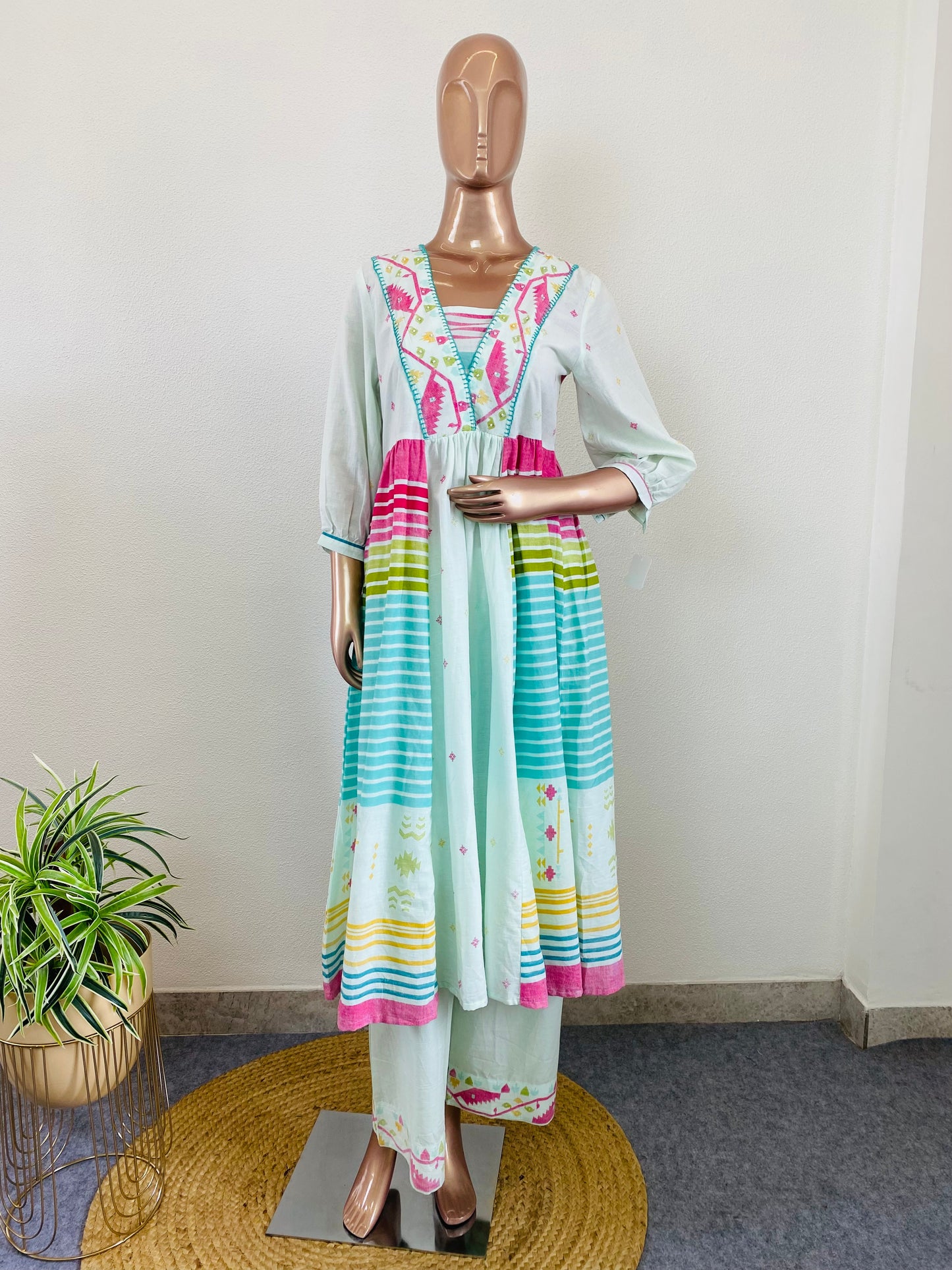 Rainbow Stripes & Ikkat Print Cotton Frock Suit Set
