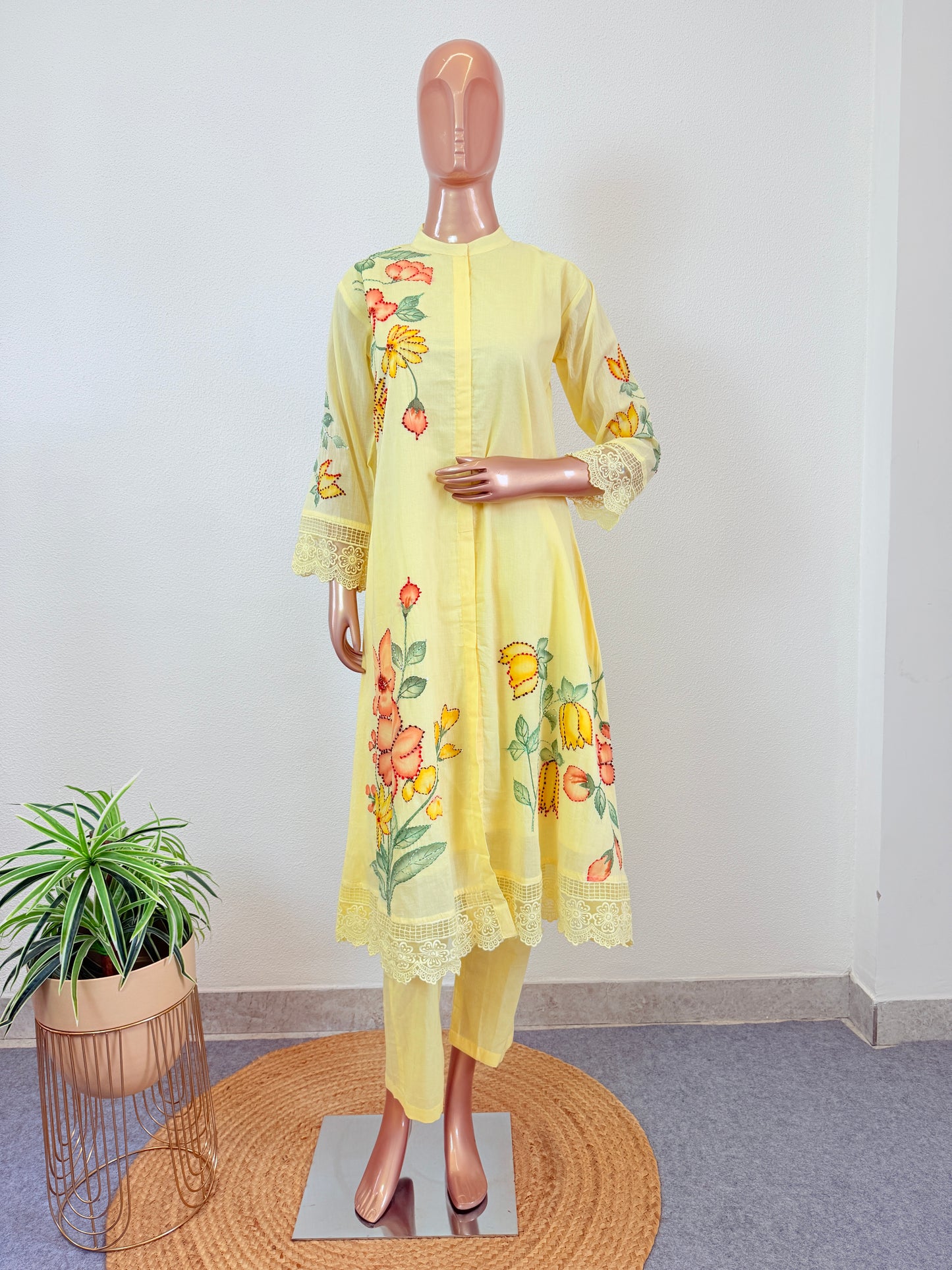 Hand Painted Kantha Work Cotton Kurta Pant Set - Yellow