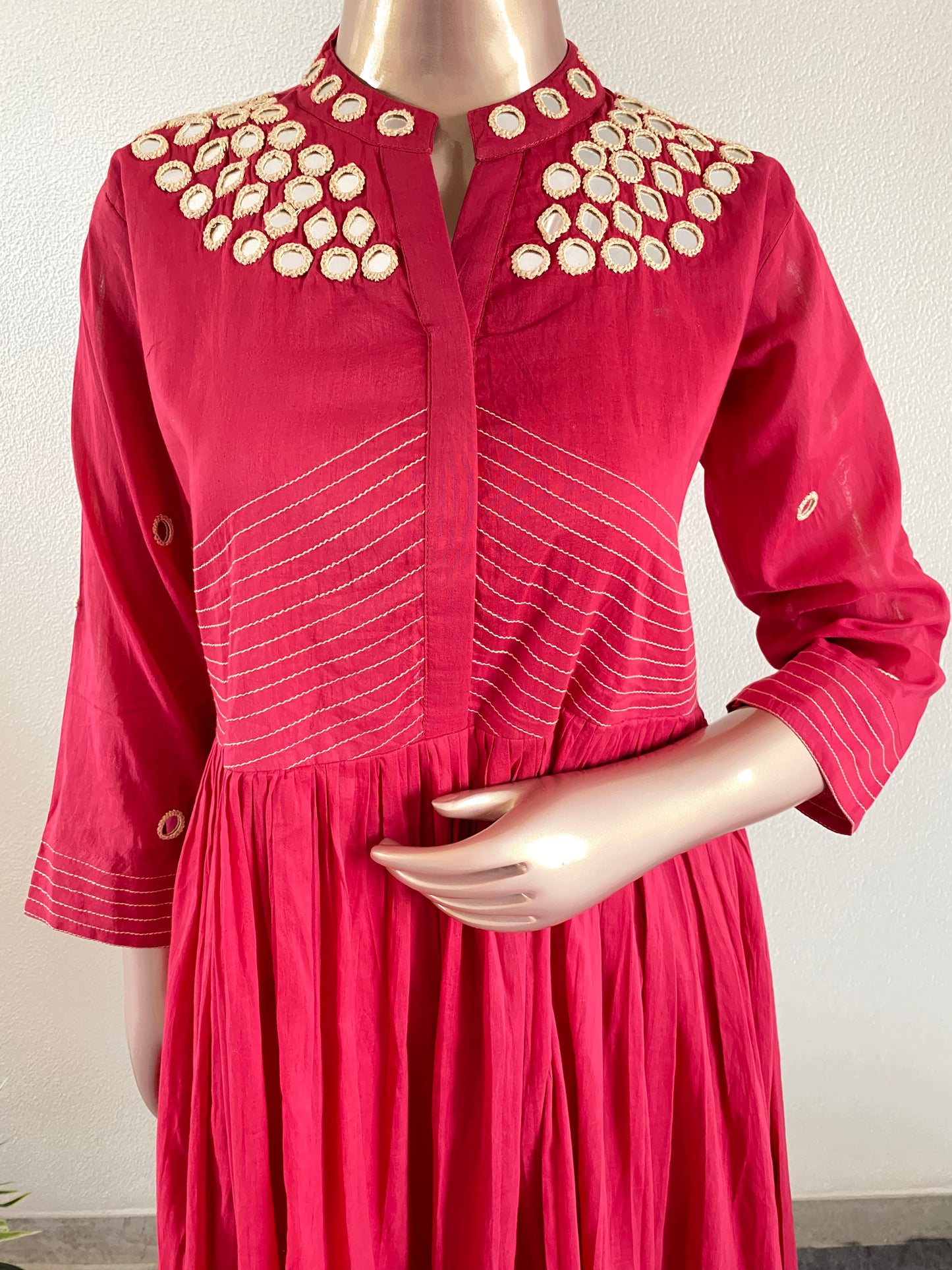 Mirror Work Mul Cotton Tunic- Cherry