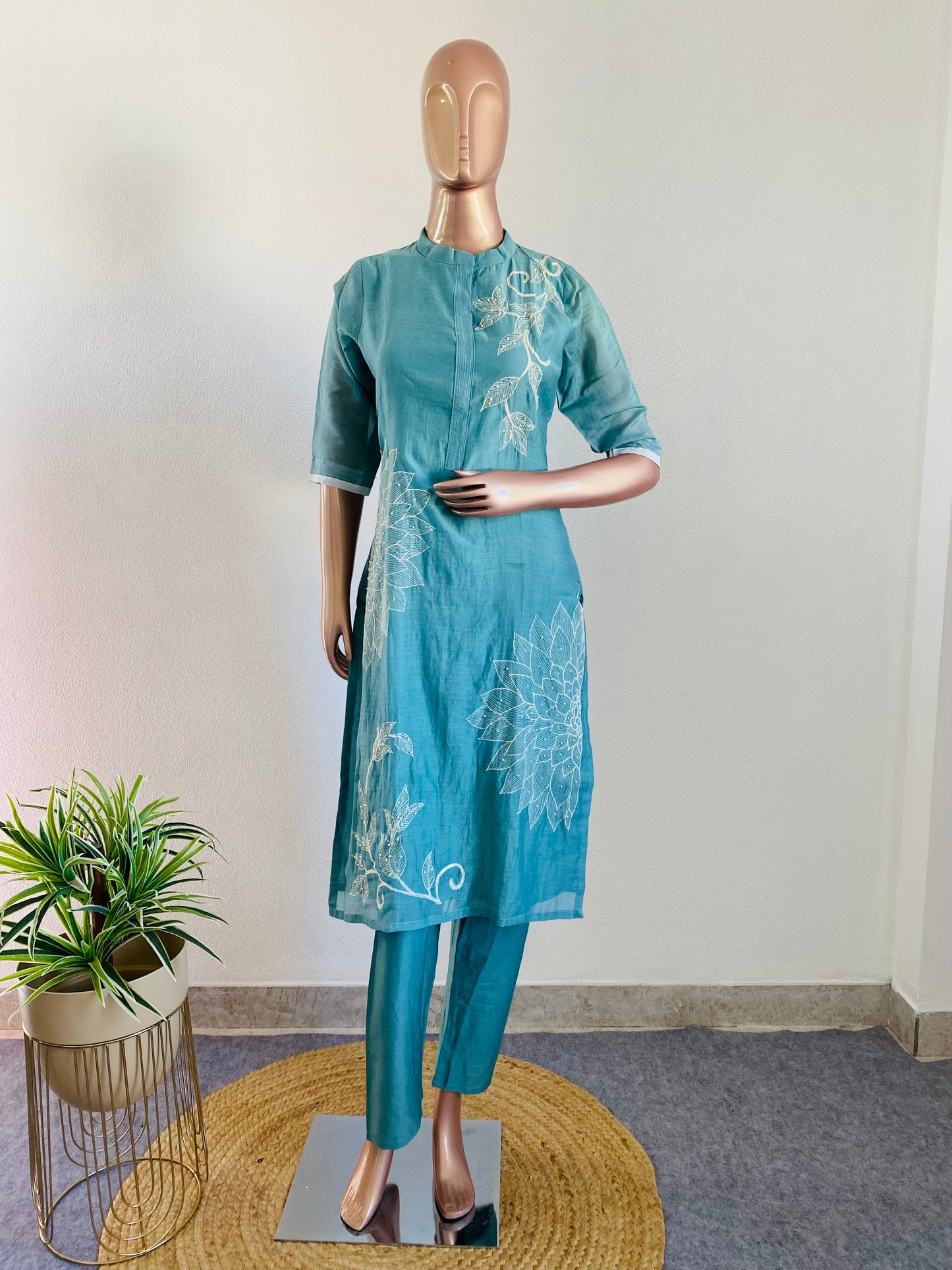 Mul Chanderi Suit with Aari & Pearl Work