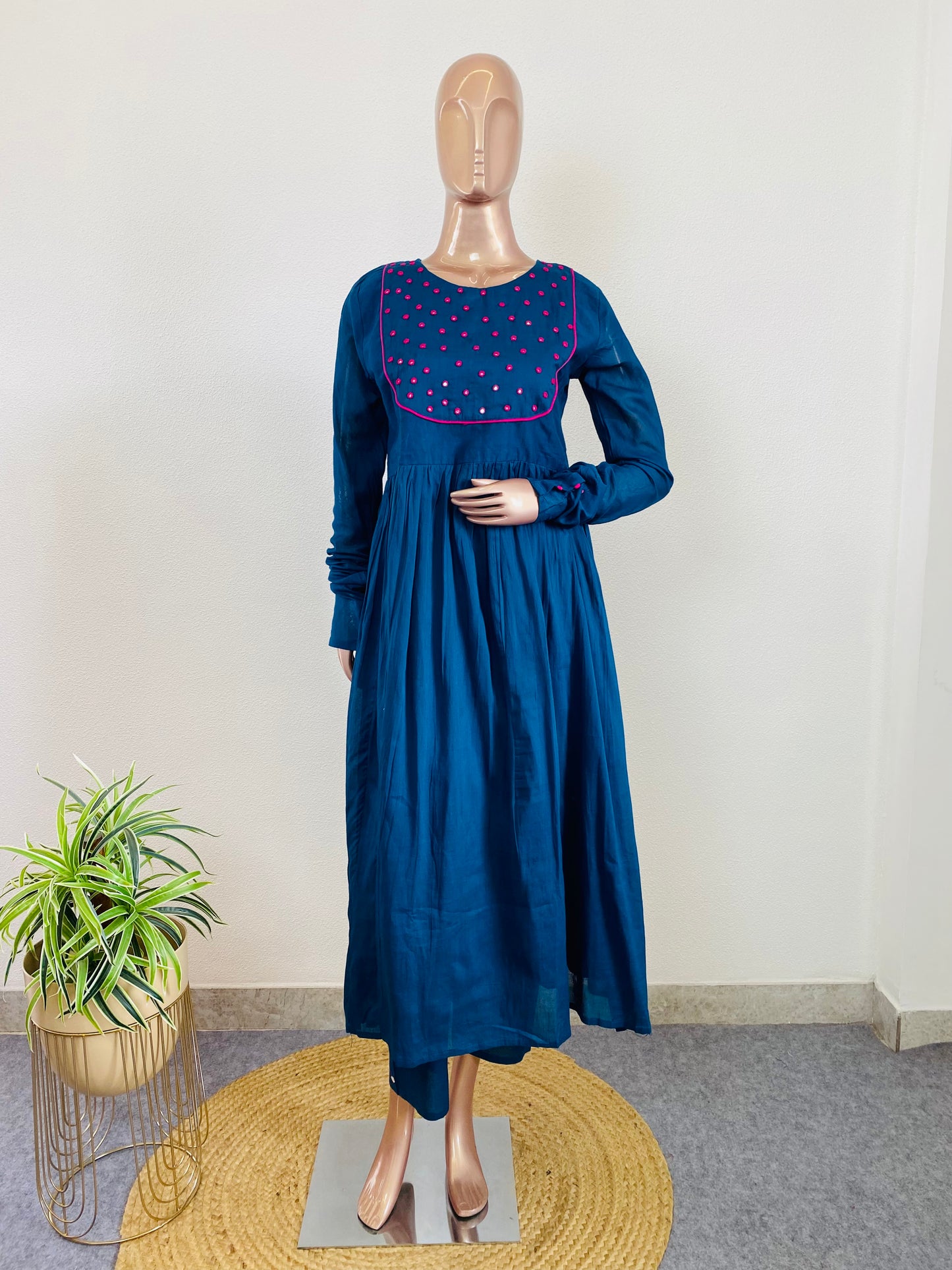 Cotton Frock Suit with Mirror Work Pichwai Print Chanderi Dupatta