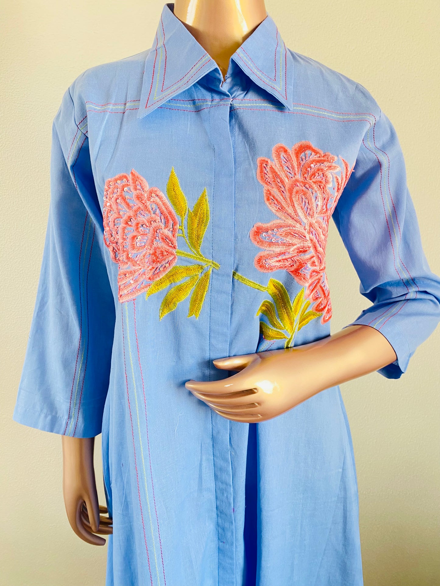 Embroidered Linen Tunic in Denim Color