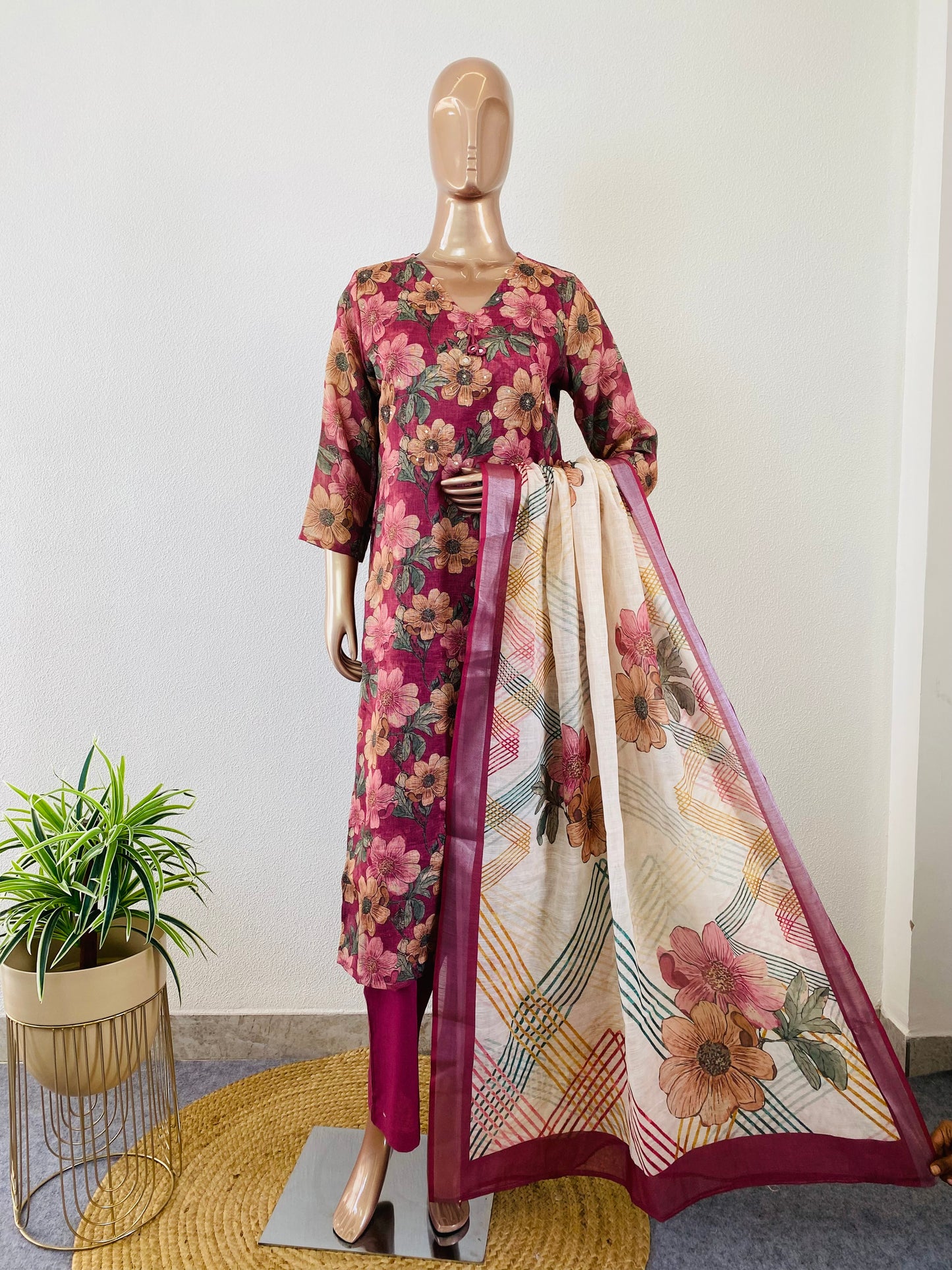 Floral Print Linen Suit Set