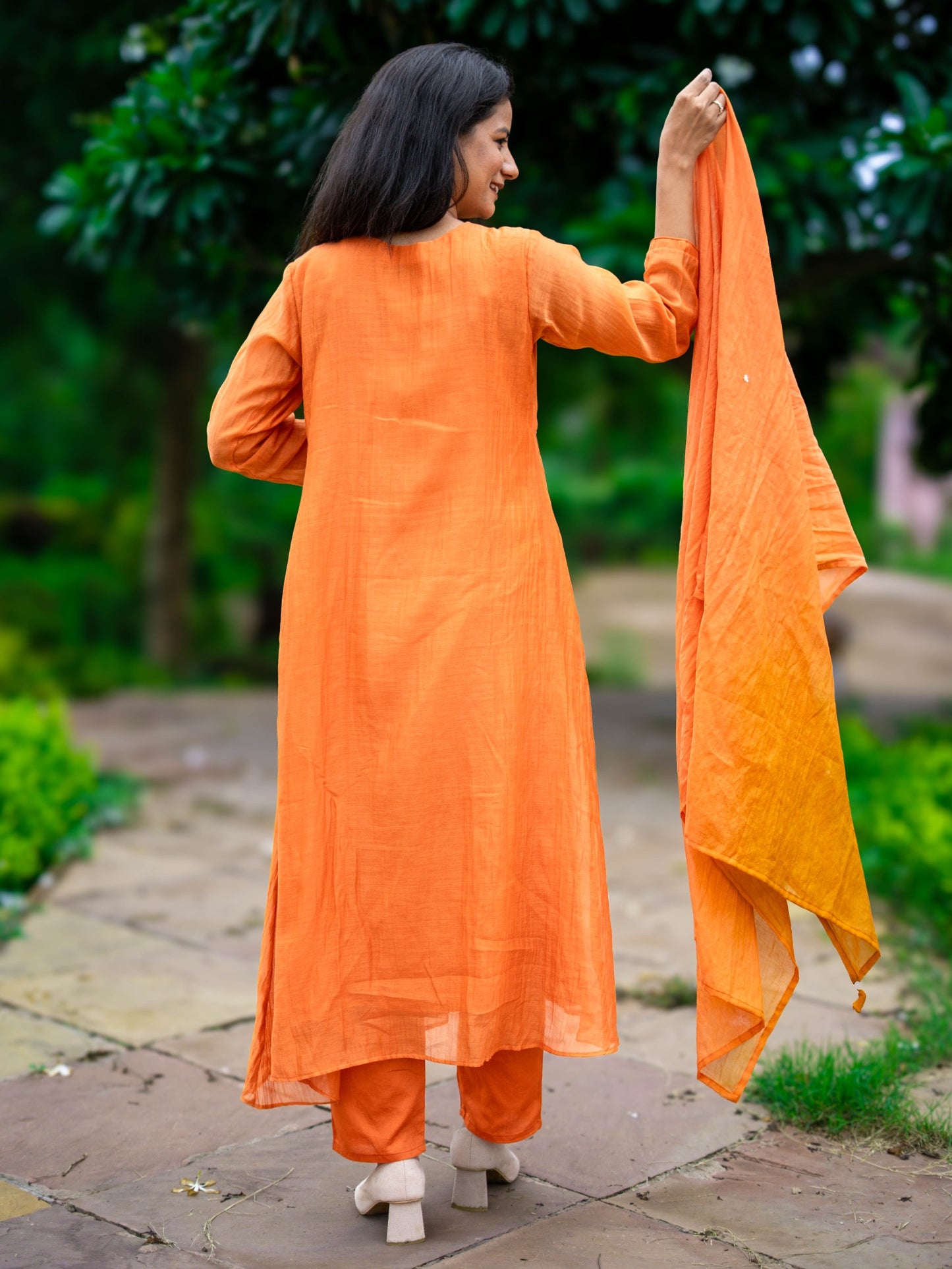 Zardozi Work Mul Chanderi Suit Set - Orange