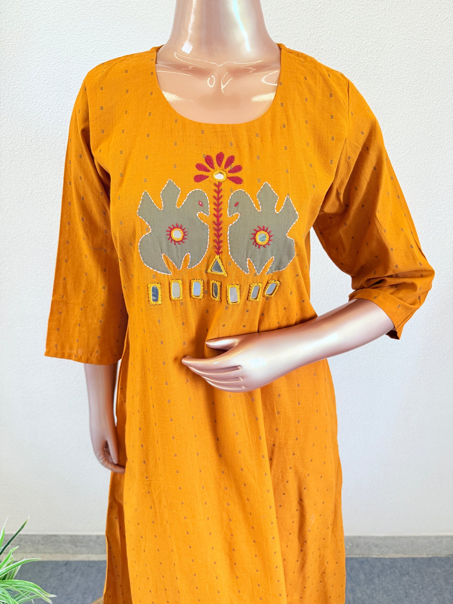 Handloom Cotton self Weave kutchi Work Kurta Set