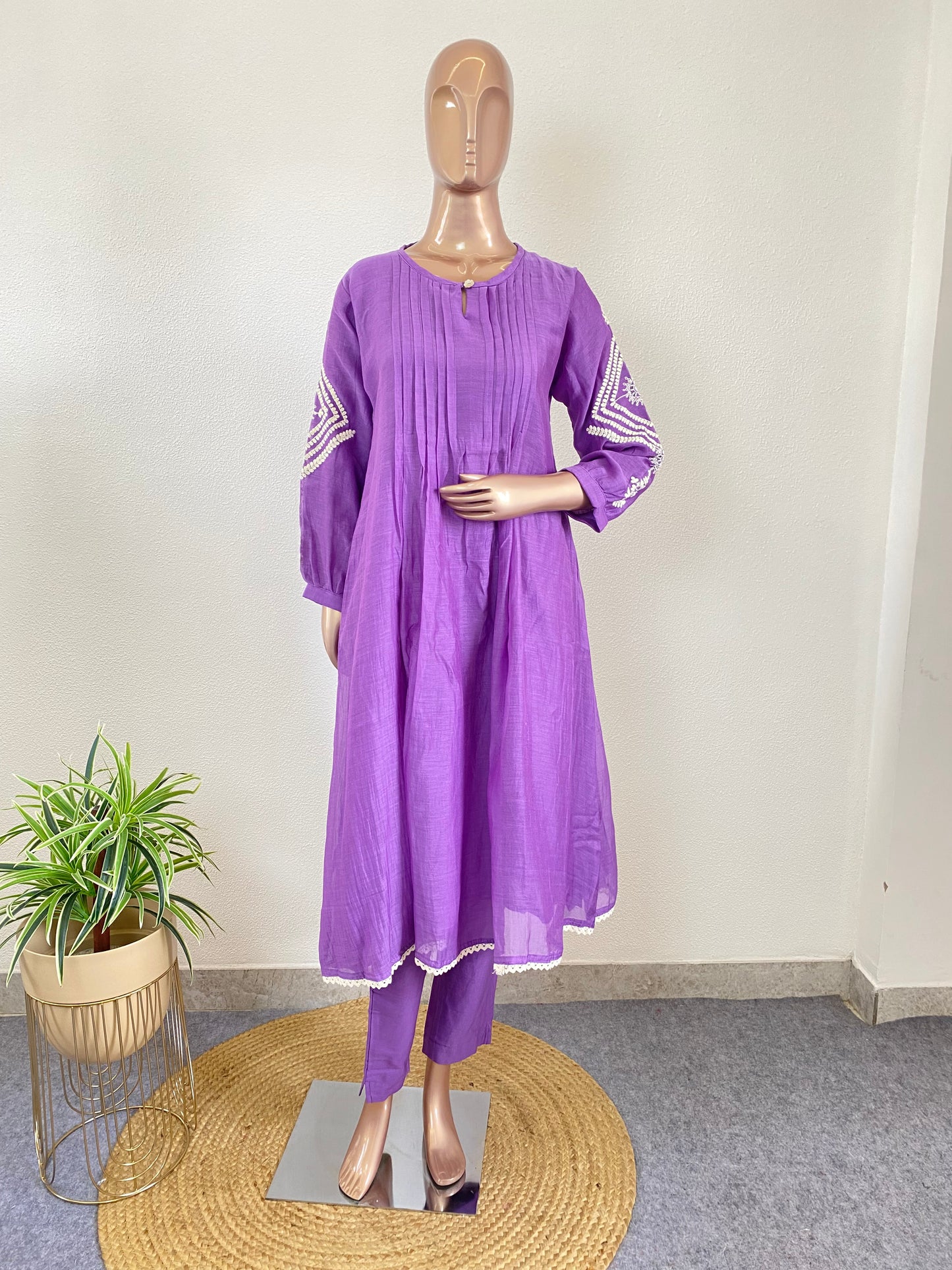 Mul chanderi Suit with Aari work on Sleeves