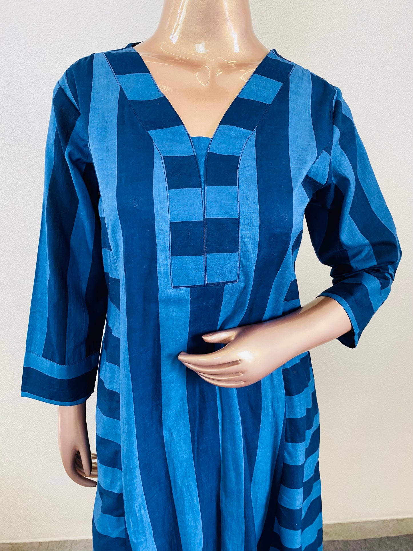 Cotton Kurta Pant Set with Stripe Print- Blue