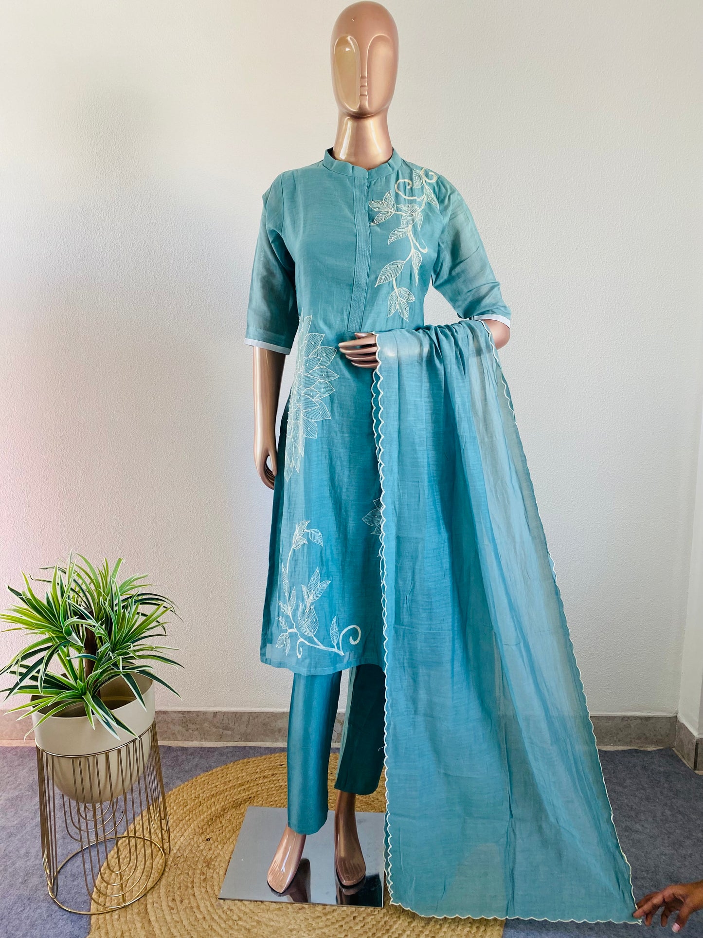Mul Chanderi Suit with Aari & Pearl Work