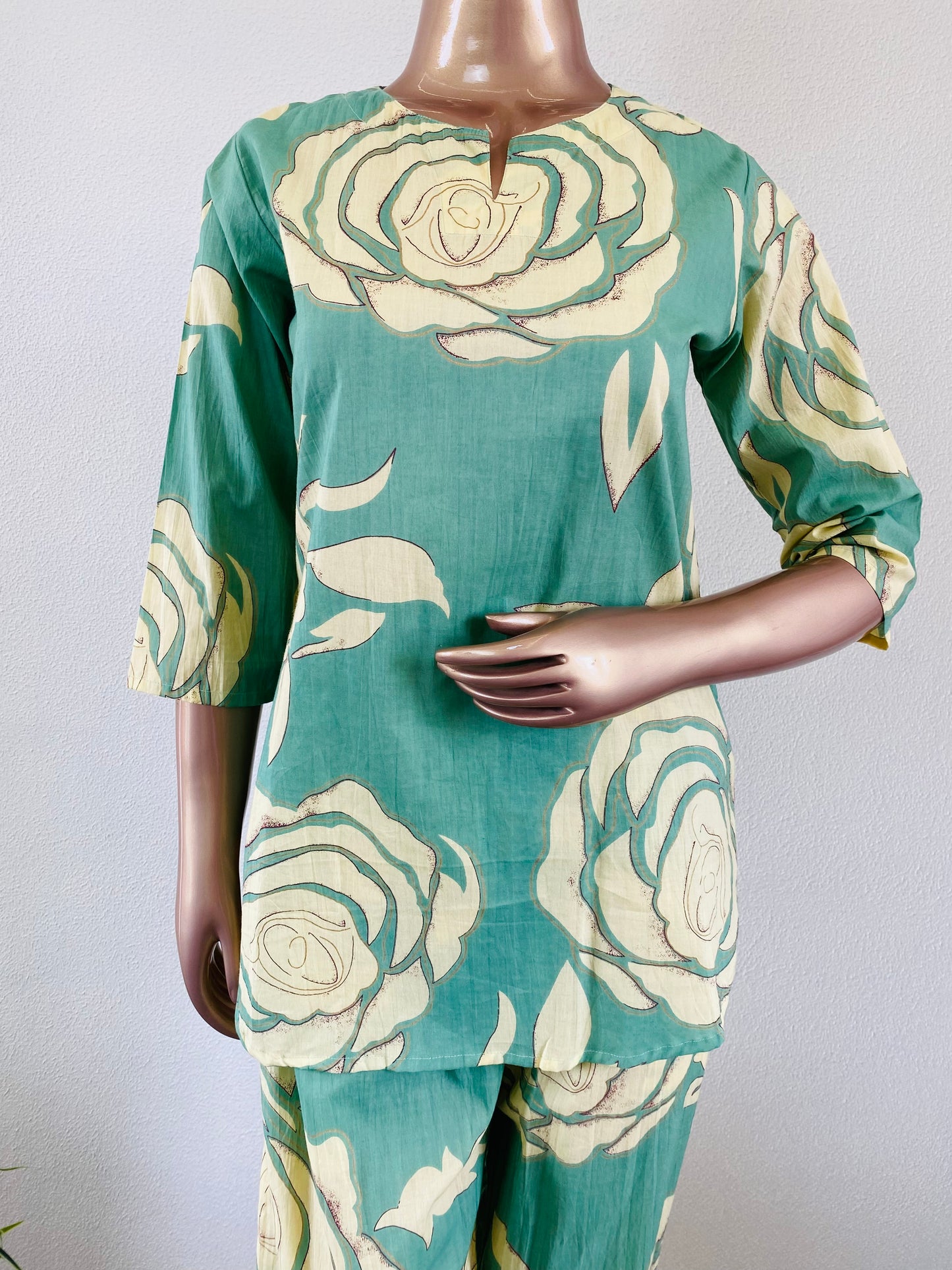 Rose Printed Cotton Lounge Wear - Green