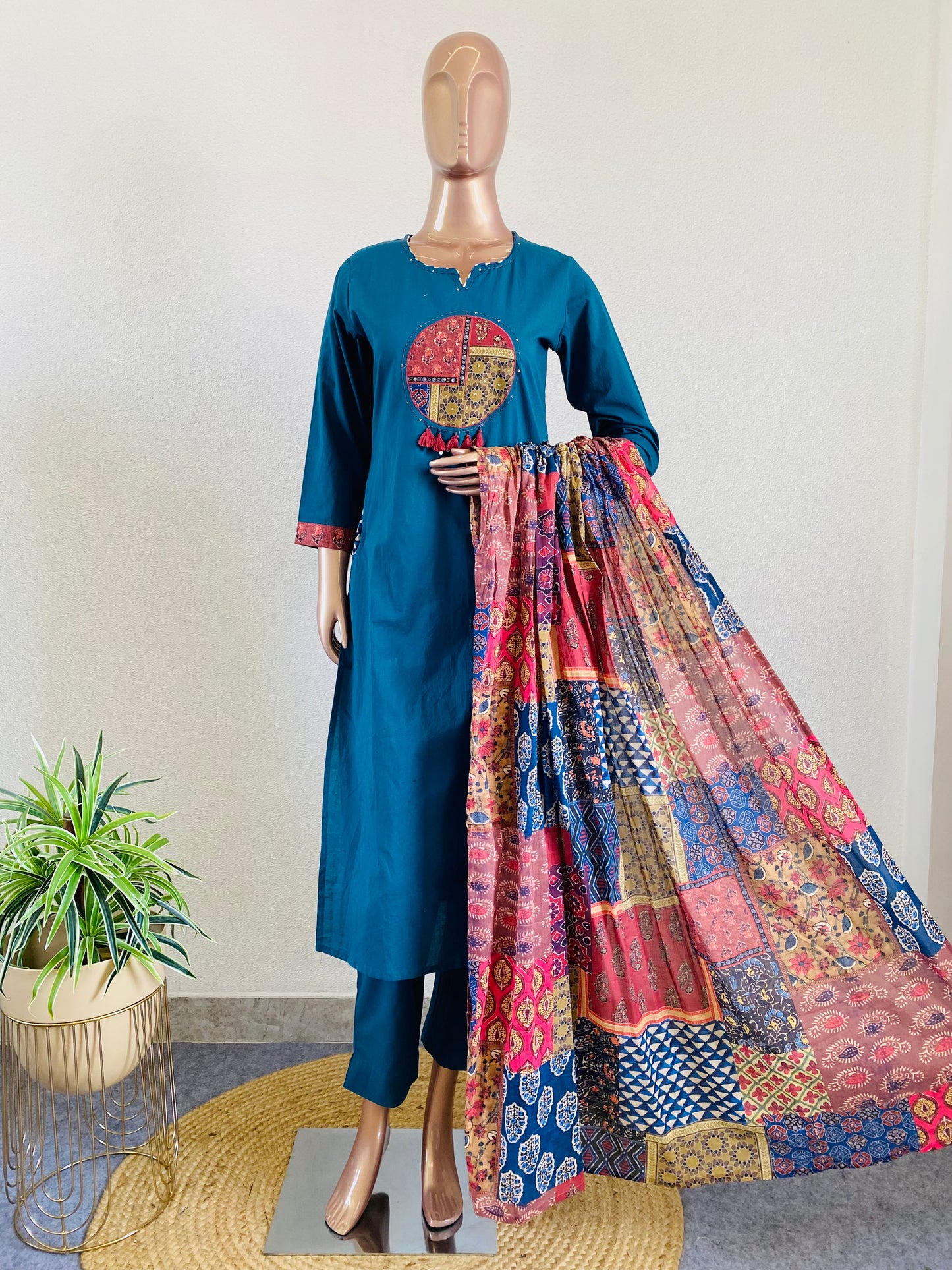 Appliqué Work Suit Set with Digital Print Dupatta