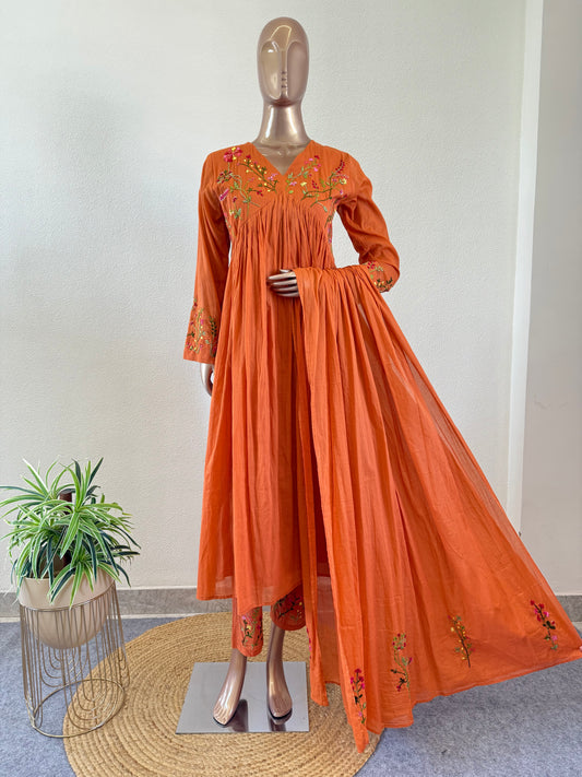 Malai Cotton Frock Suit Set with Hand Embroidery - Rust