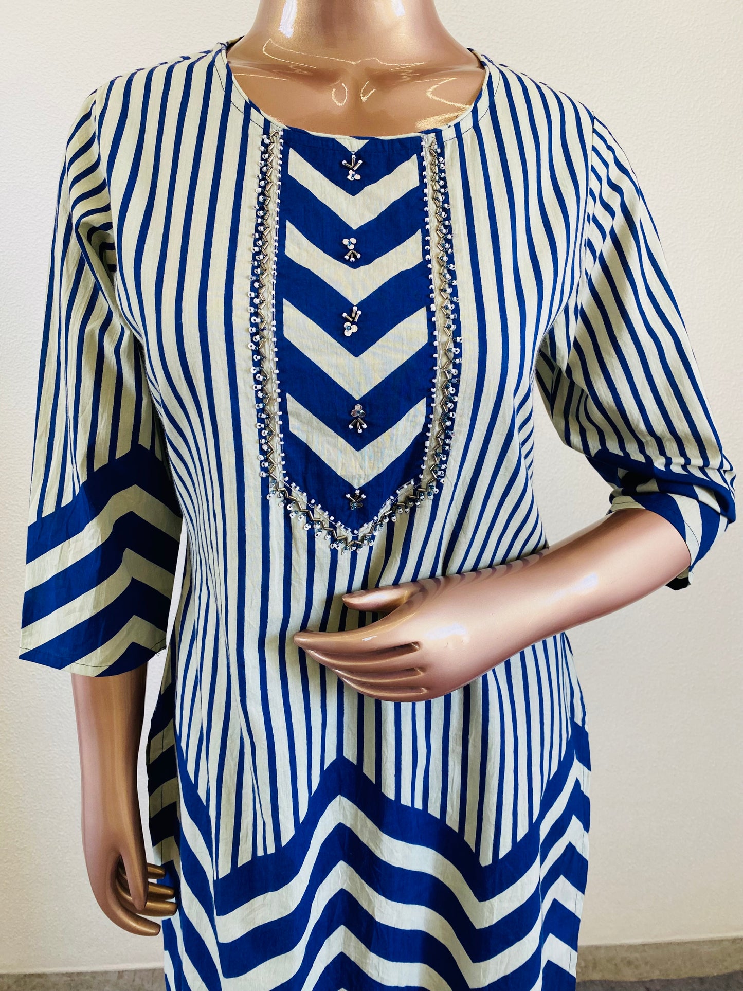 Zig Zag & Floral Cotton Suit Set - Blue