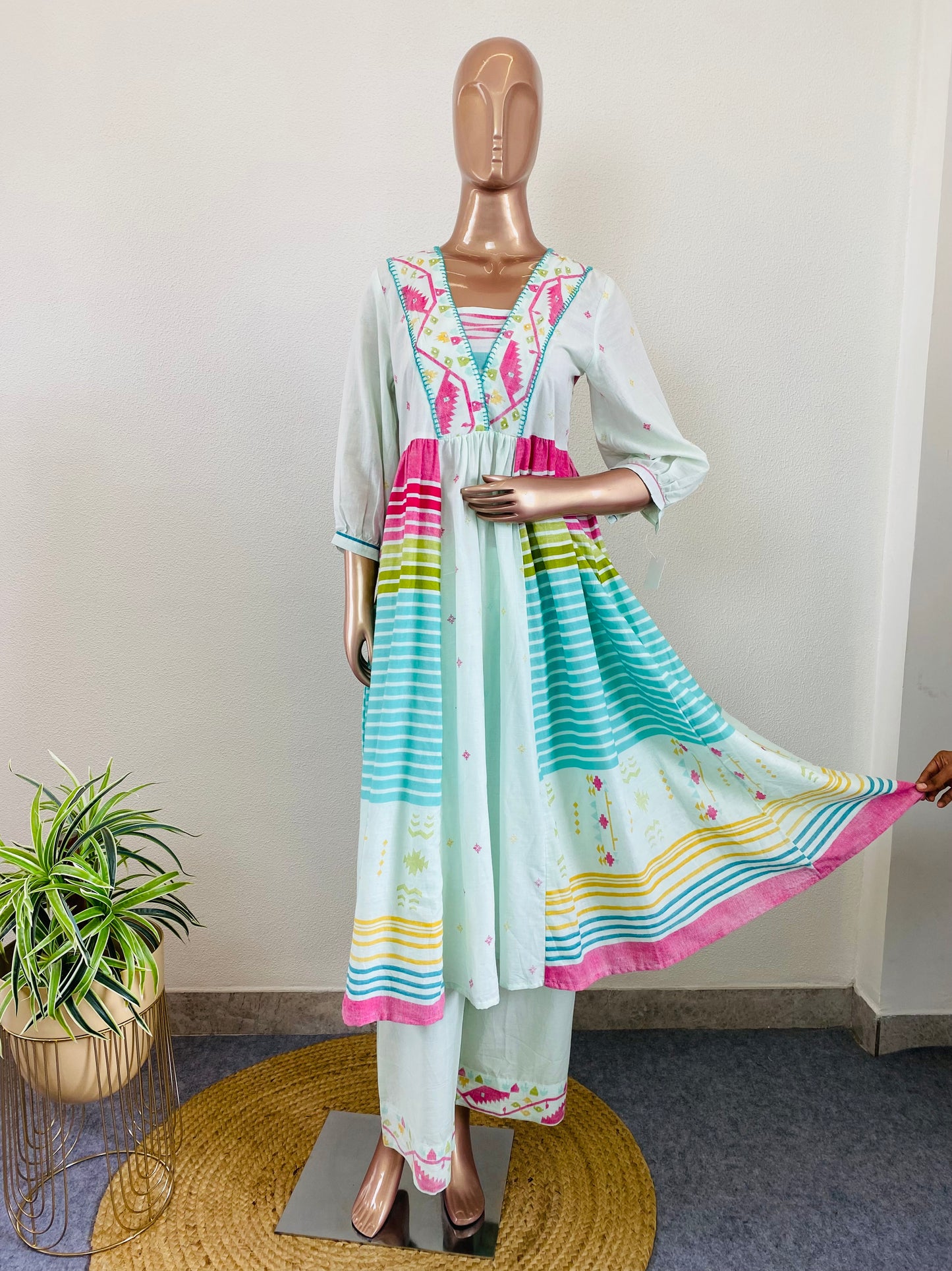 Rainbow Stripes & Ikkat Print Cotton Frock Suit Set
