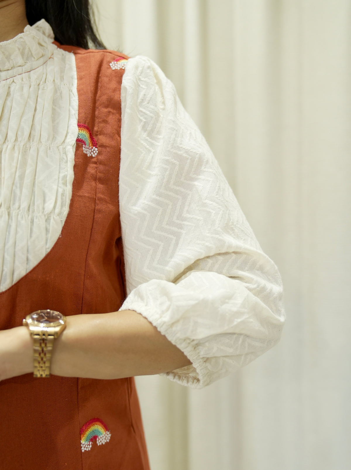 Cotton Flex Tunic with Smoking yoke and Rainbow Motifs