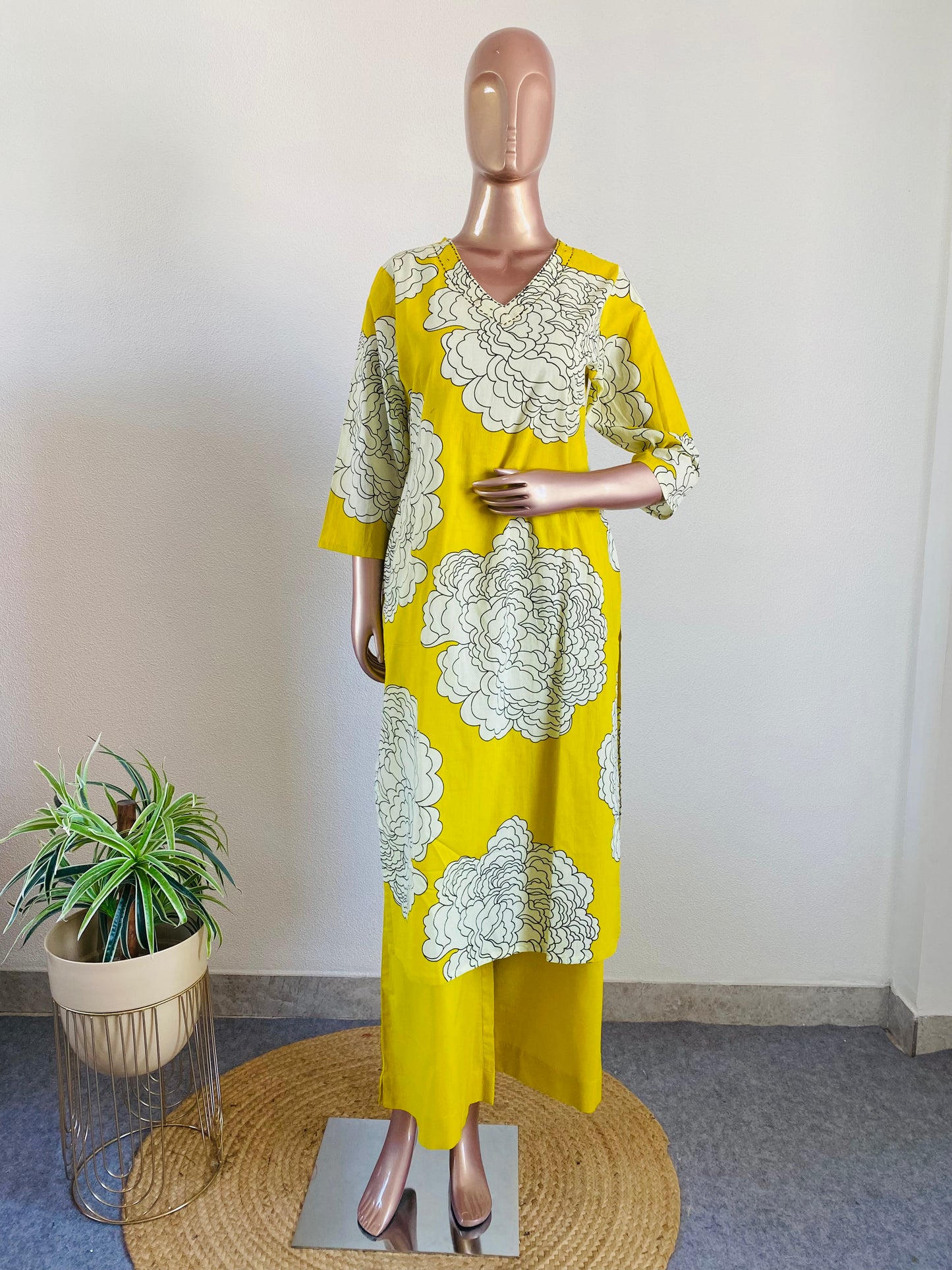 Floral Print V Neck Cotton Suit Set