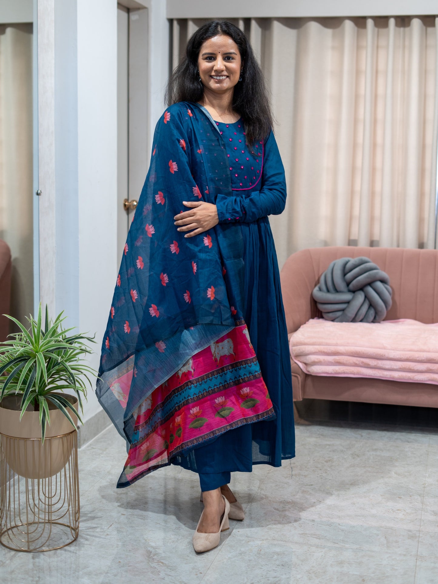 Cotton Frock Suit with Mirror Work Pichwai Print Chanderi Dupatta